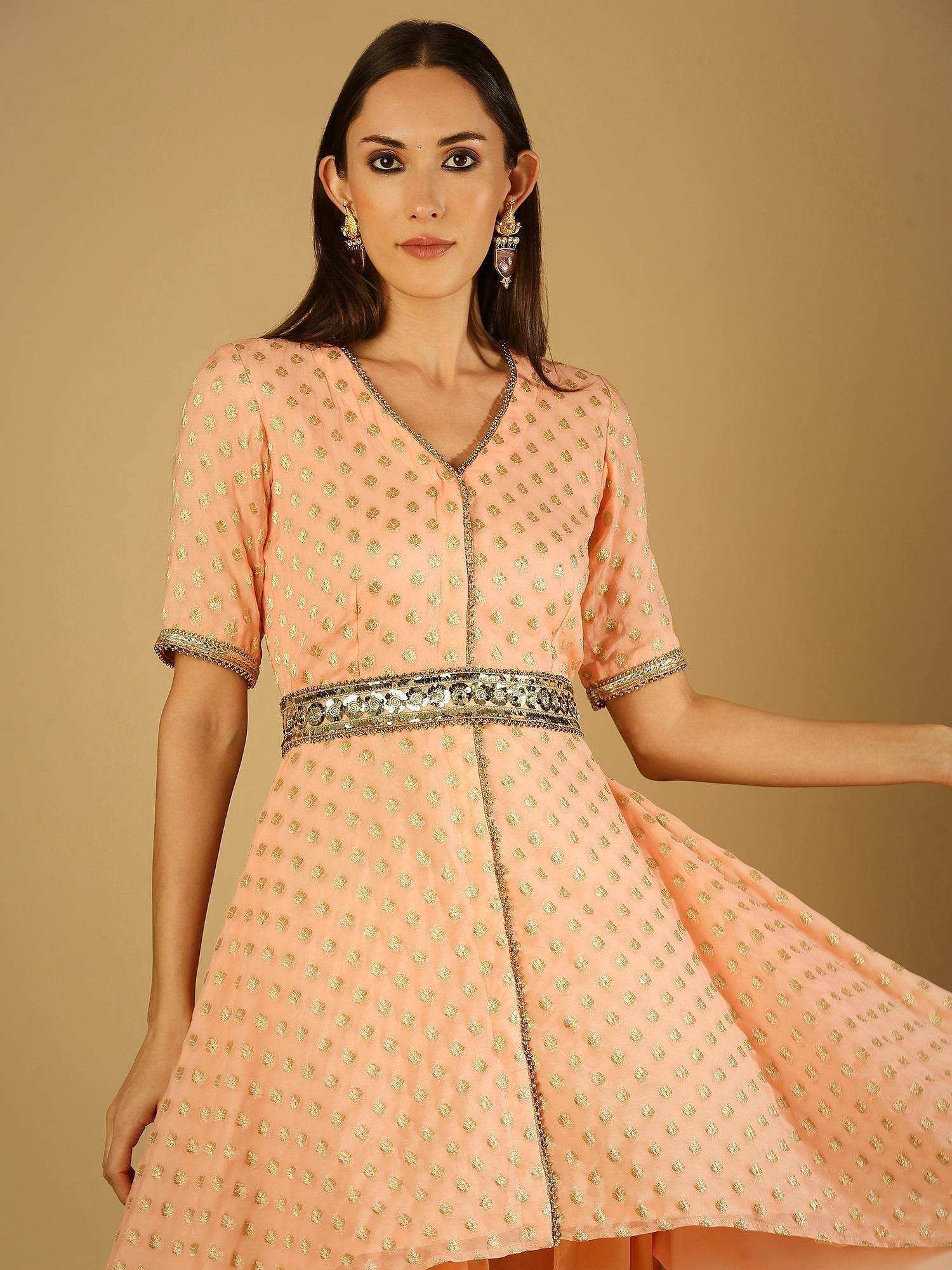 Tamanna-Kurta dhoti Set with Belt - Peach - Monk & Mei