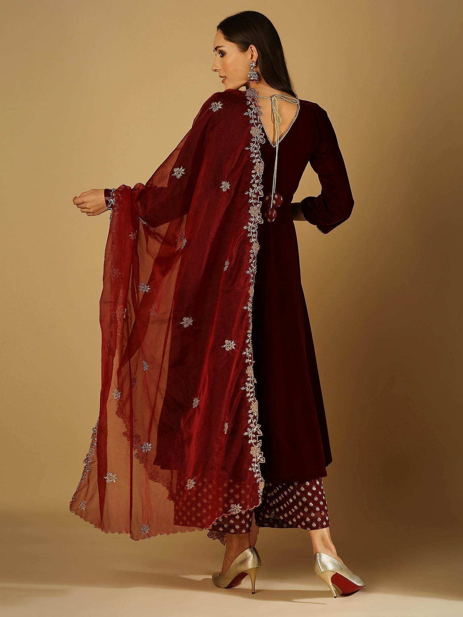 Zareen-Long kurta & palazzo with dupatta - Maroon - Monk & Mei