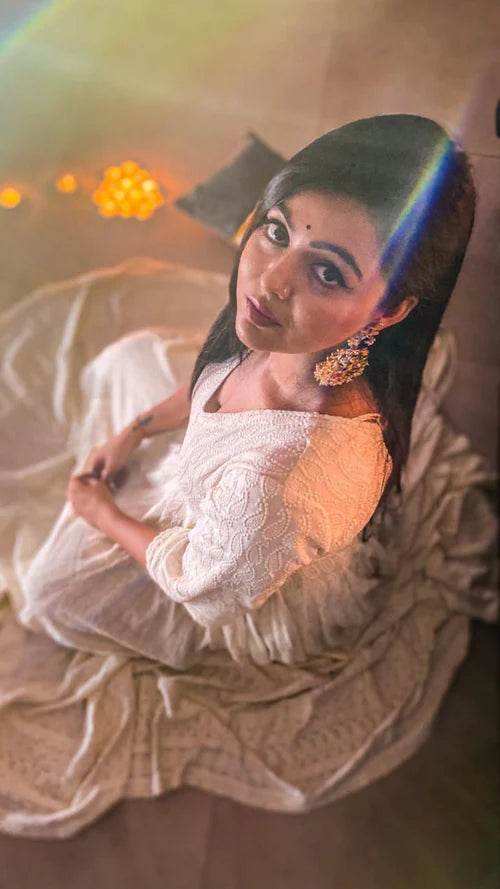 Falak - Embroidered Dress & Dupatta - Cream Anarkali with Chiffon Dupatta - Monk & Mei