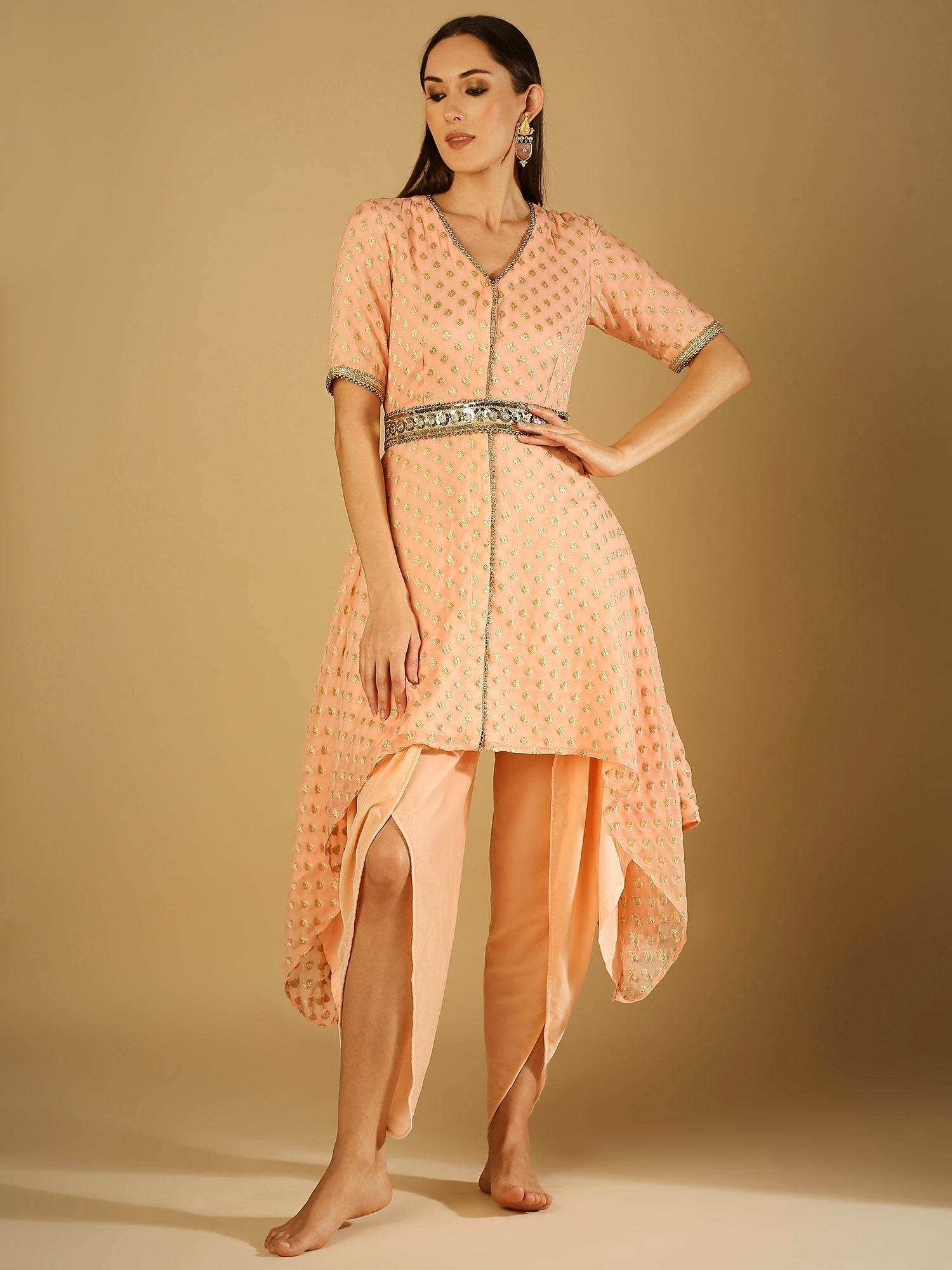 Tamanna-Kurta dhoti Set with Belt - Peach - Monk & Mei