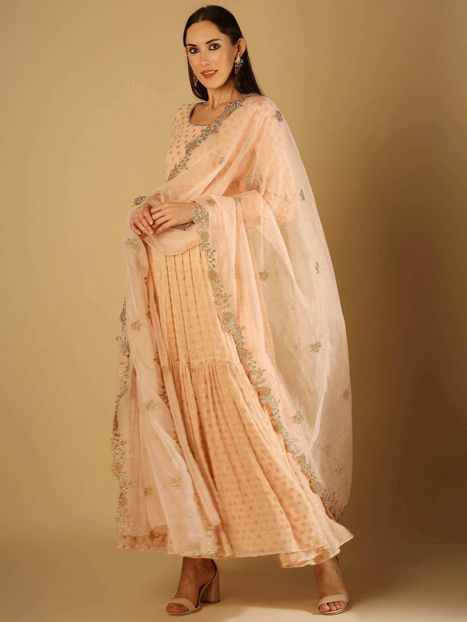 Reah-Anarkali with Organza Embroidered Dupatta - Peach pink - Monk & Mei