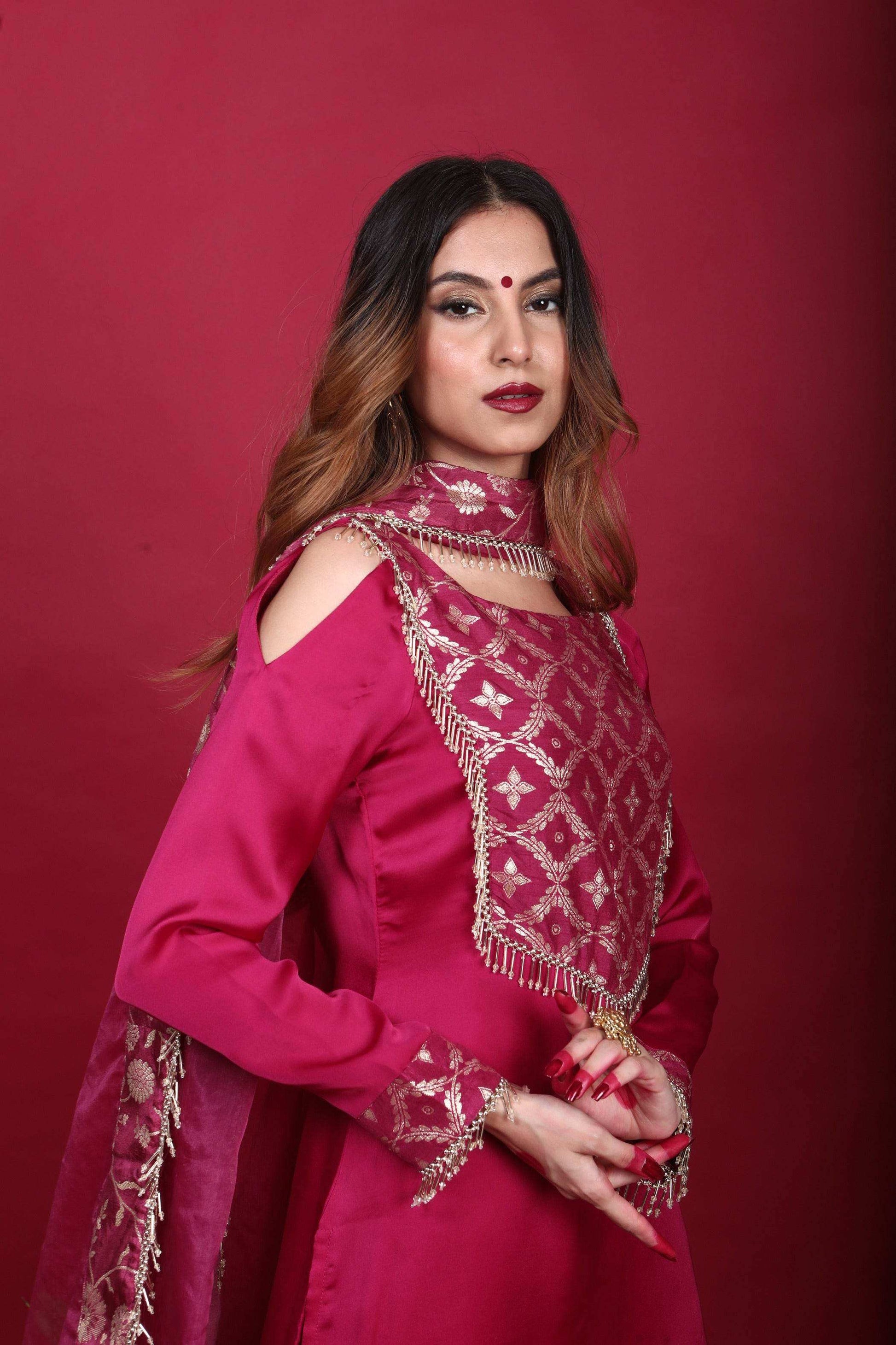 Isha-Cold-shoulder kurta set-Plum Purple - Monk & Mei