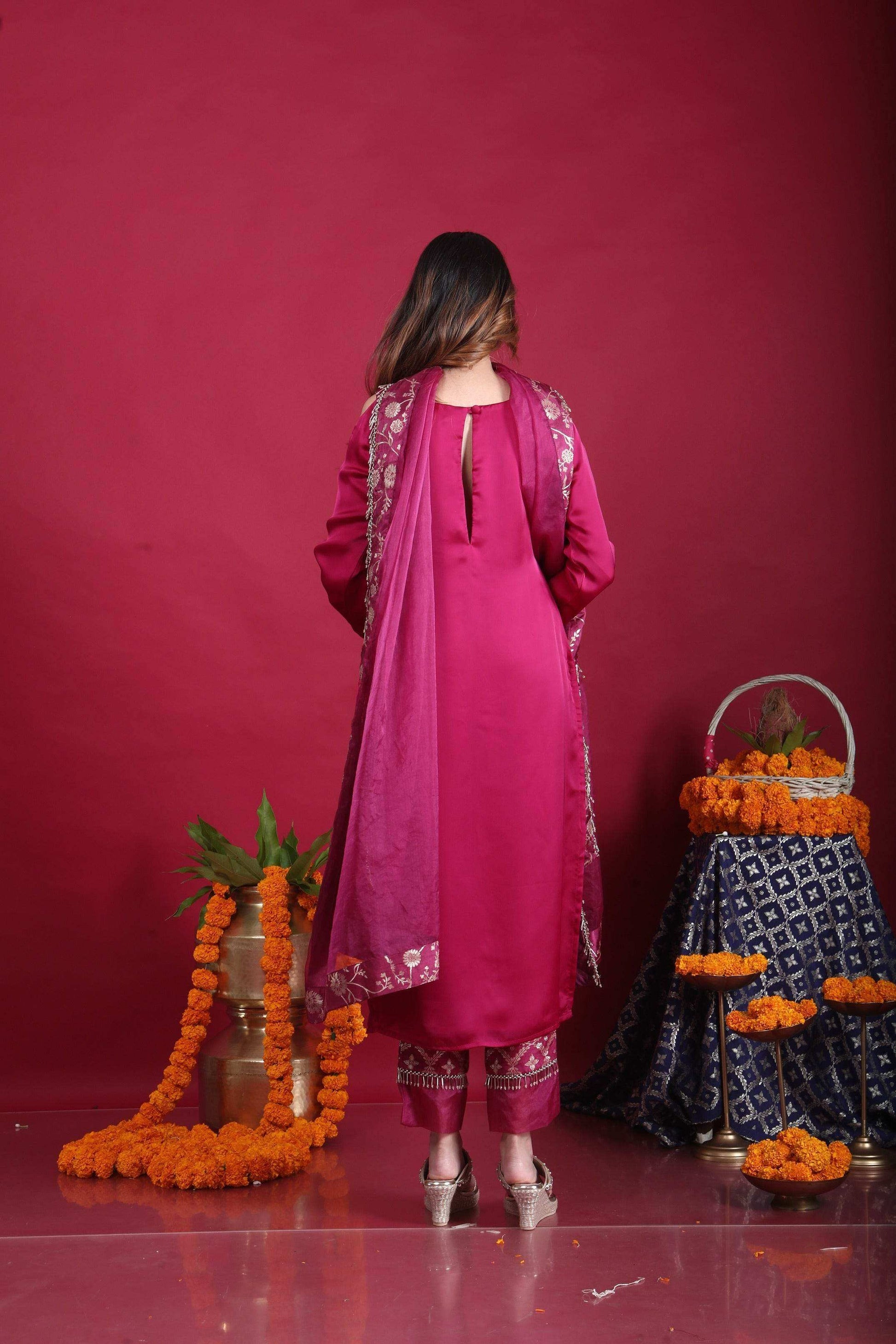 Isha-Cold-shoulder kurta set-Plum Purple - Monk & Mei