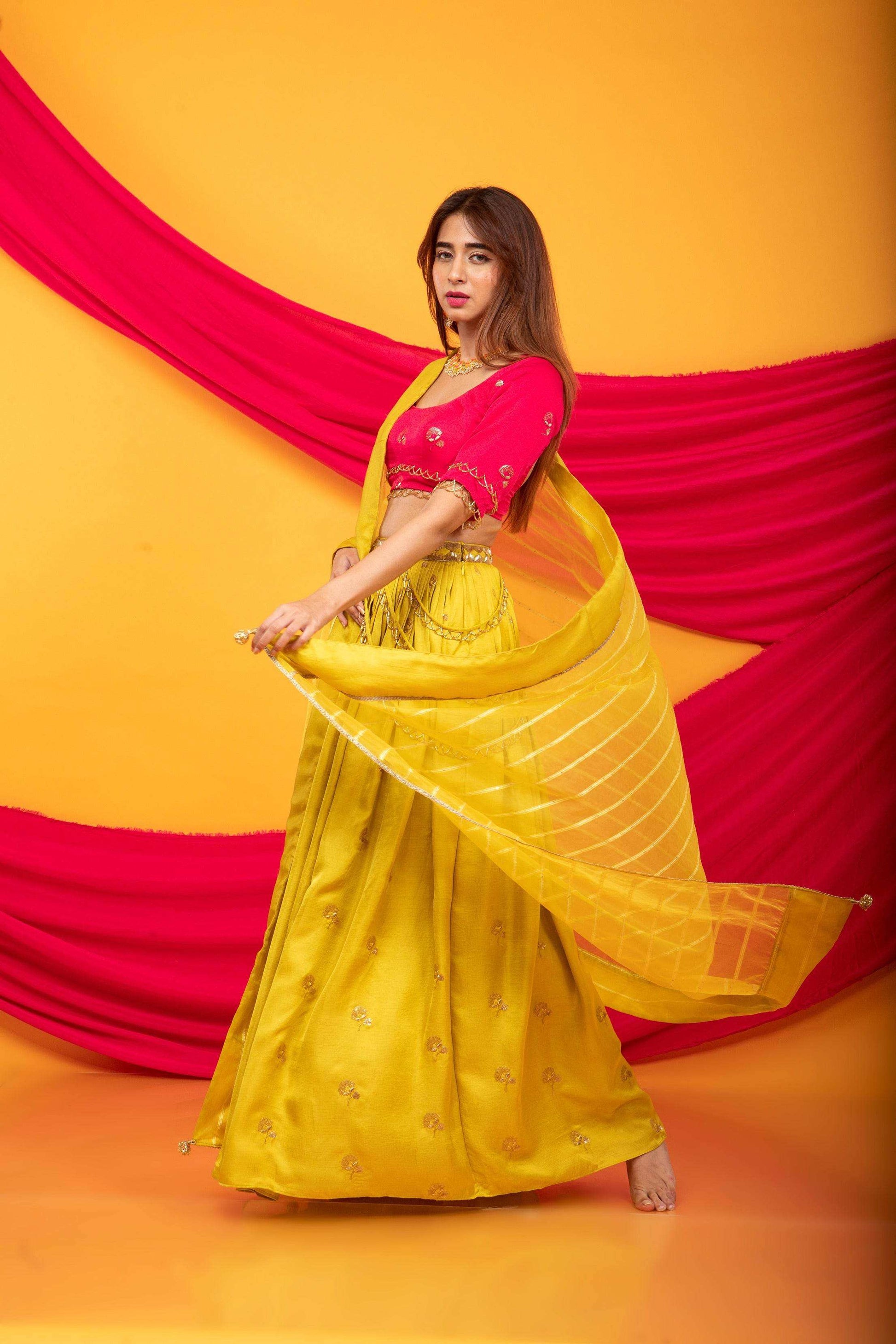 Gulkari Lehenga and Blouse Set-Fuchsia Pink & Canary Yellow - Monk & Mei