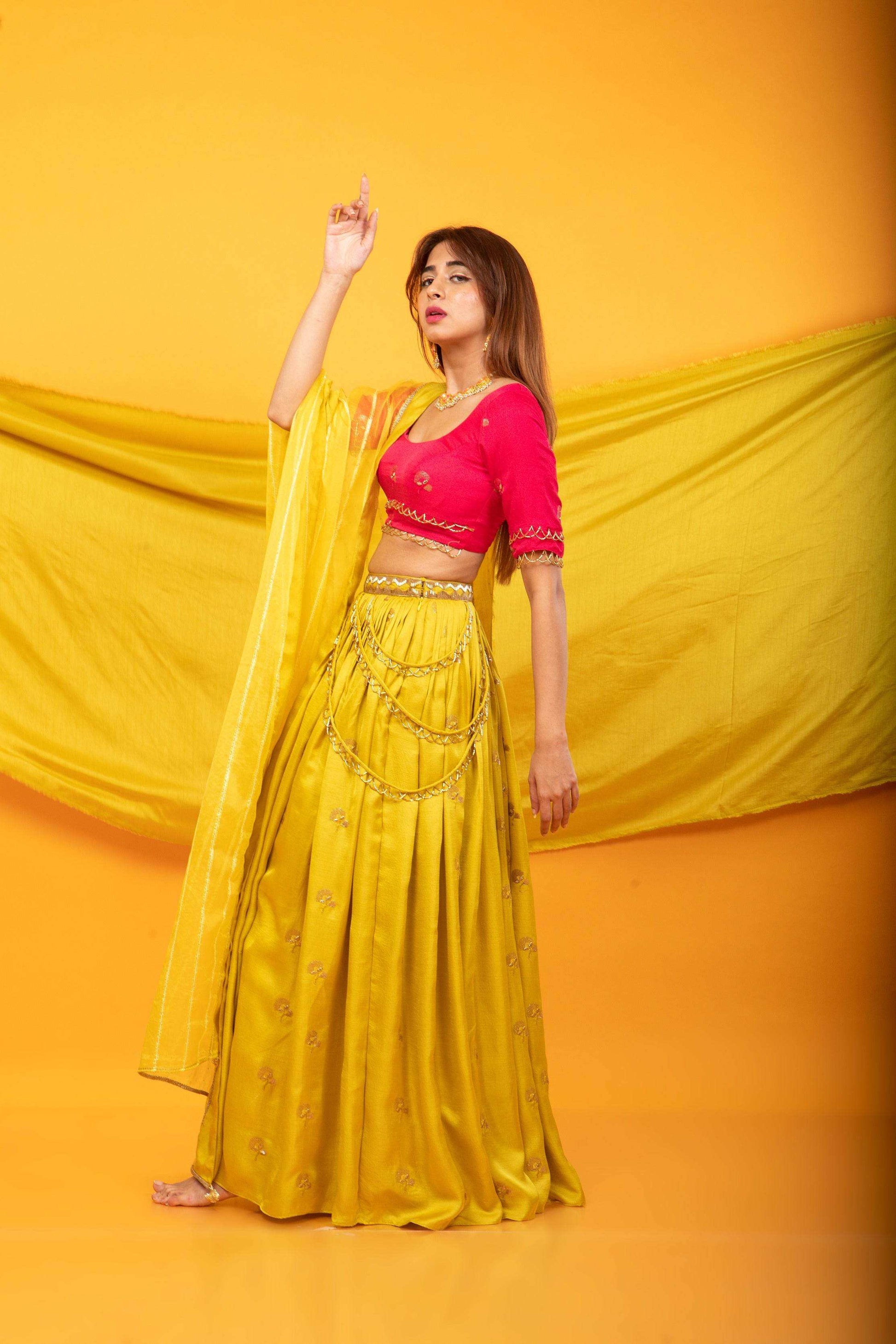 Gulkari Lehenga and Blouse Set-Fuchsia Pink & Canary Yellow - Monk & Mei