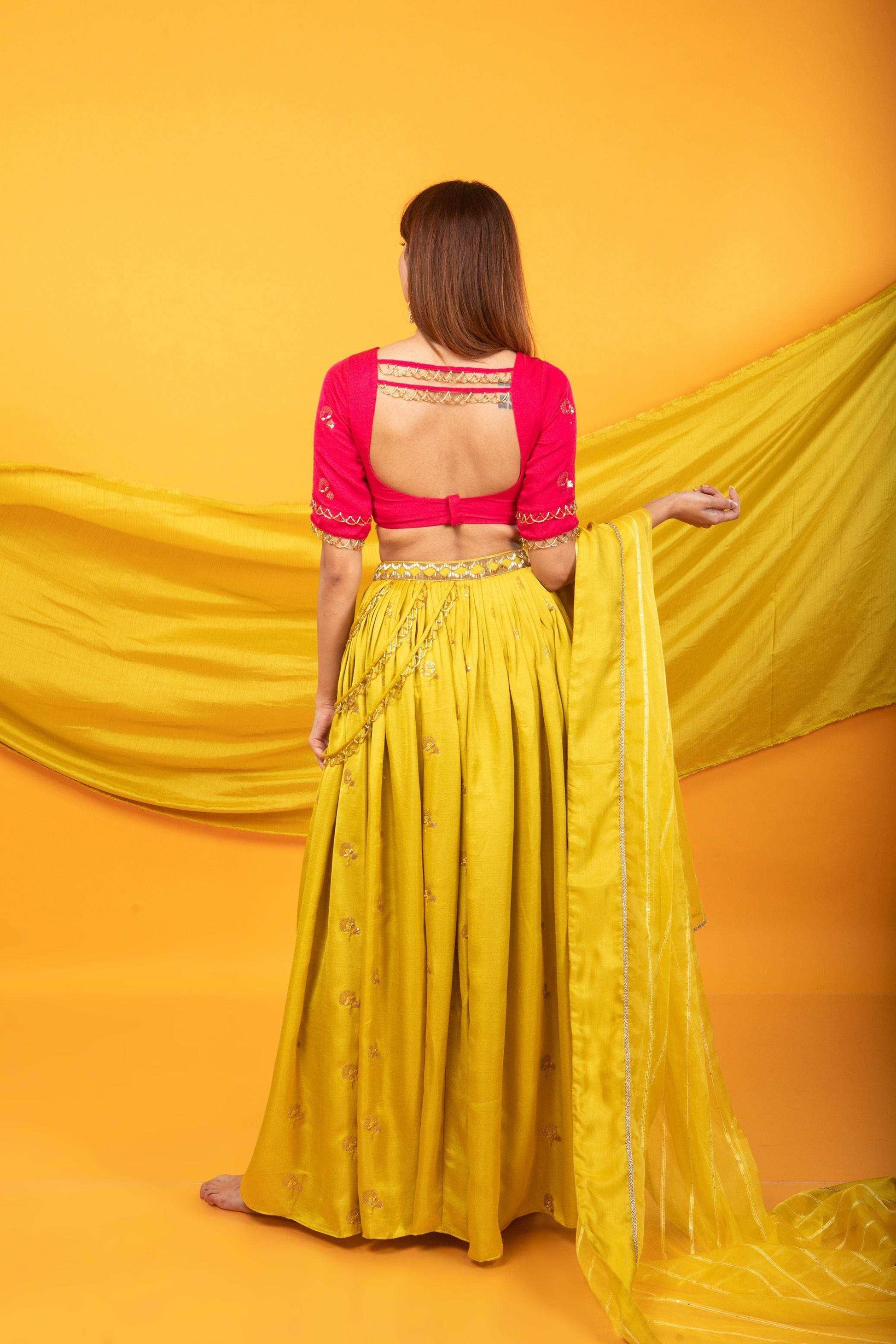 Gulkari Lehenga and Blouse Set-Fuchsia Pink & Canary Yellow - Monk & Mei