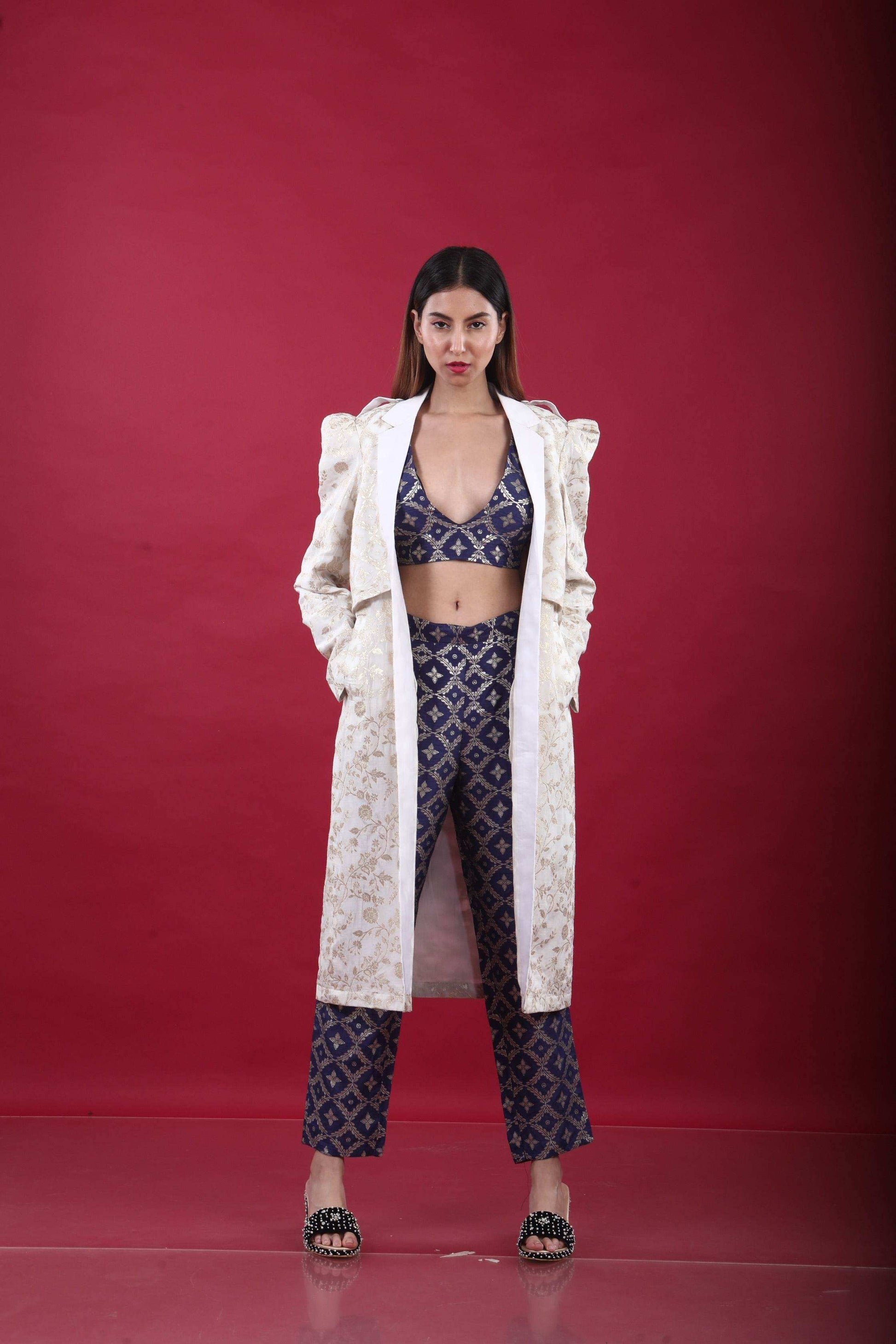 Swara-Trench Coat Suit Set-White & Deep Blue - Monk & Mei