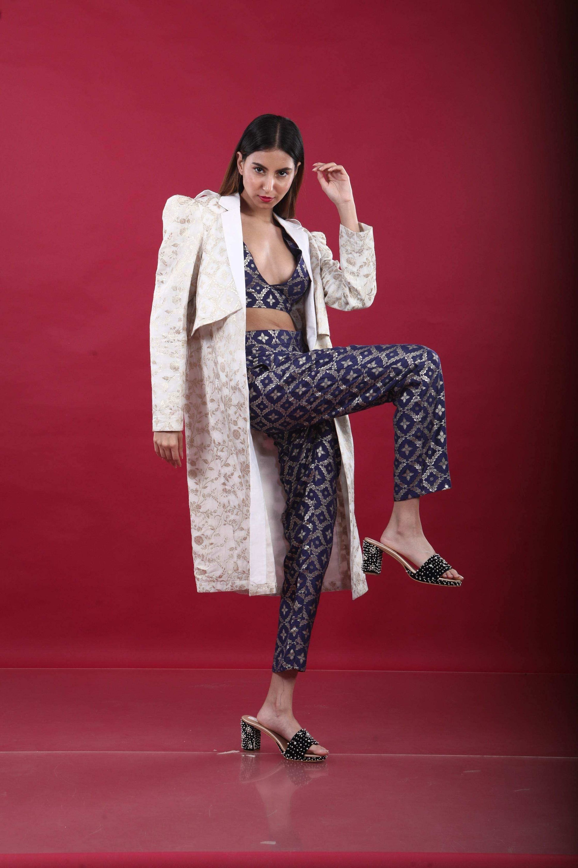 Swara-Trench Coat Suit Set-White & Deep Blue - Monk & Mei