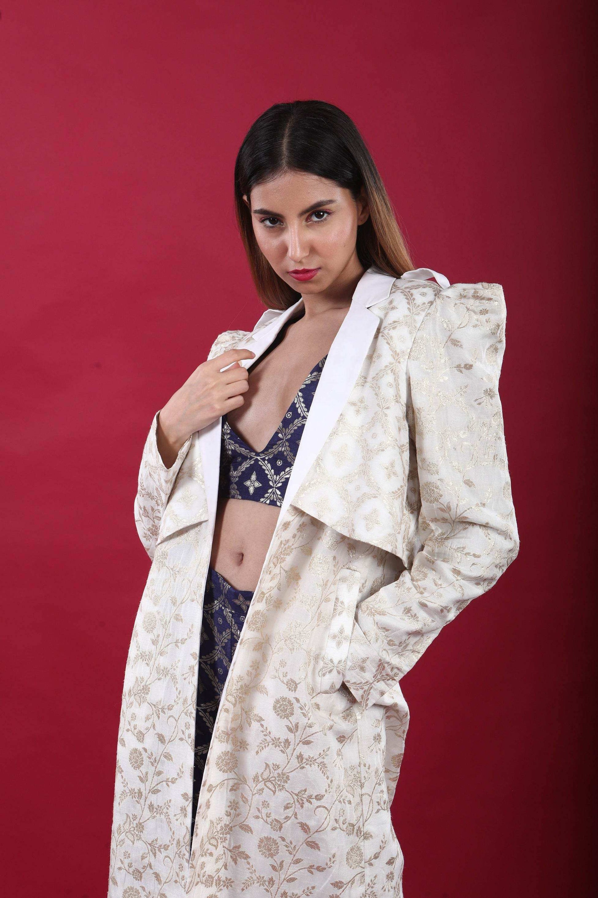 Swara-Trench Coat Suit Set-White & Deep Blue - Monk & Mei