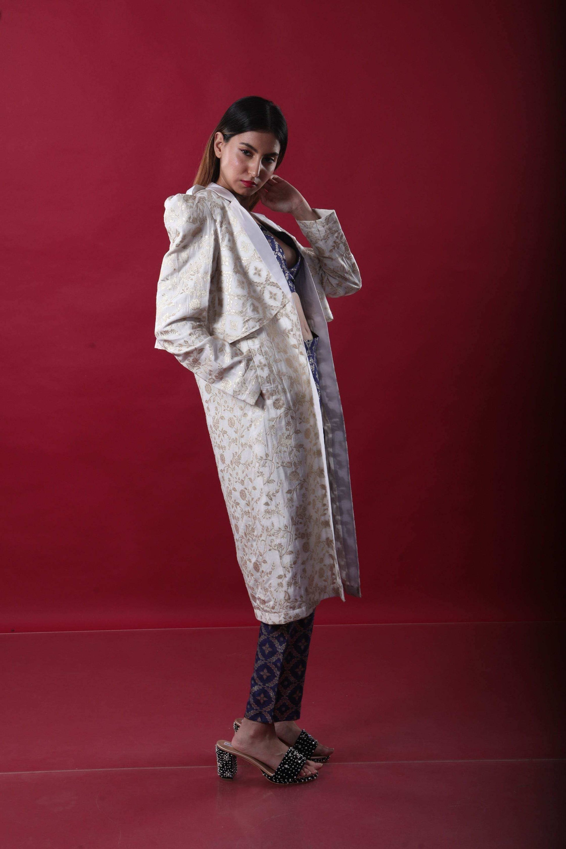 Swara-Trench Coat Suit Set-White & Deep Blue - Monk & Mei