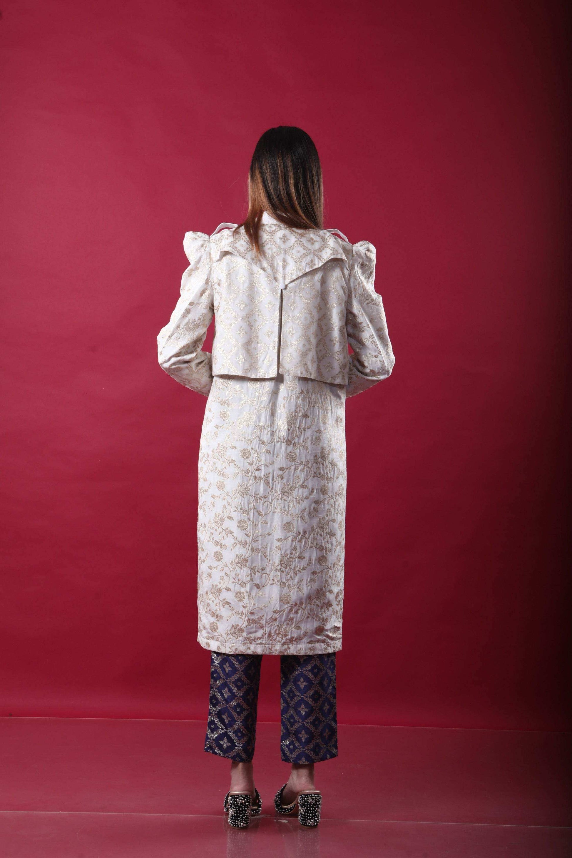 Swara-Trench Coat Suit Set-White & Deep Blue - Monk & Mei