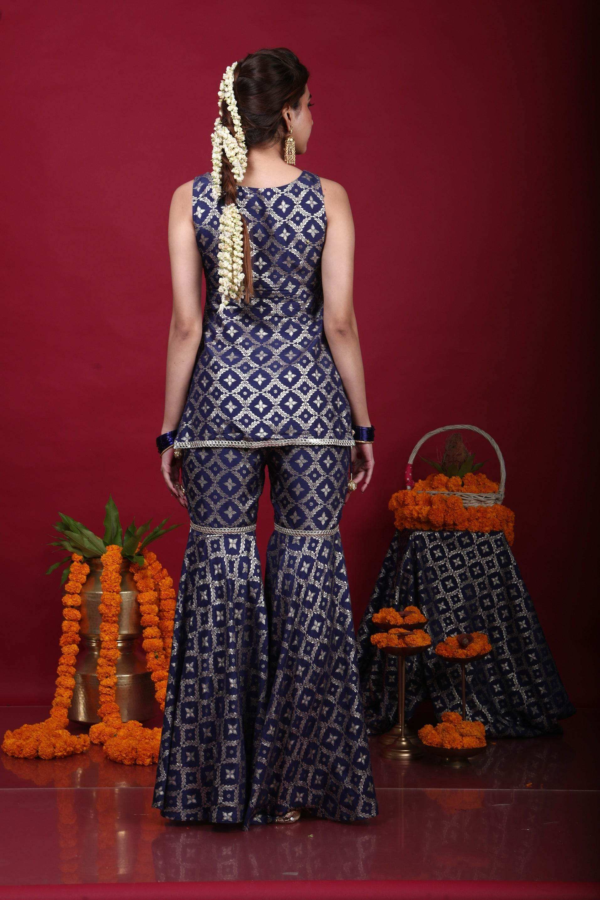 Vani-Kurta, Sharara & Dupatta-Deep Blue - Monk & Mei