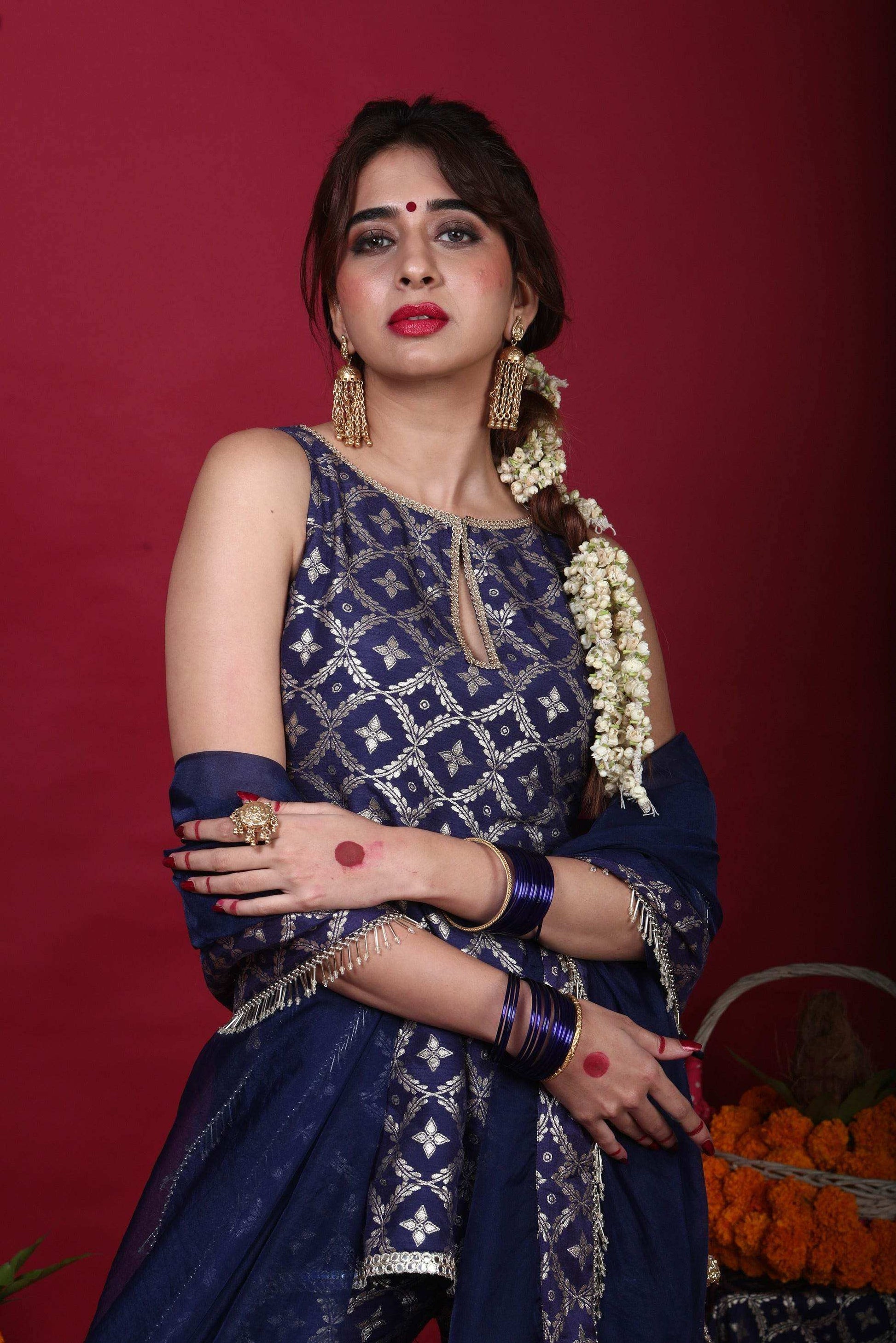 Vani-Kurta, Sharara & Dupatta-Deep Blue - Monk & Mei