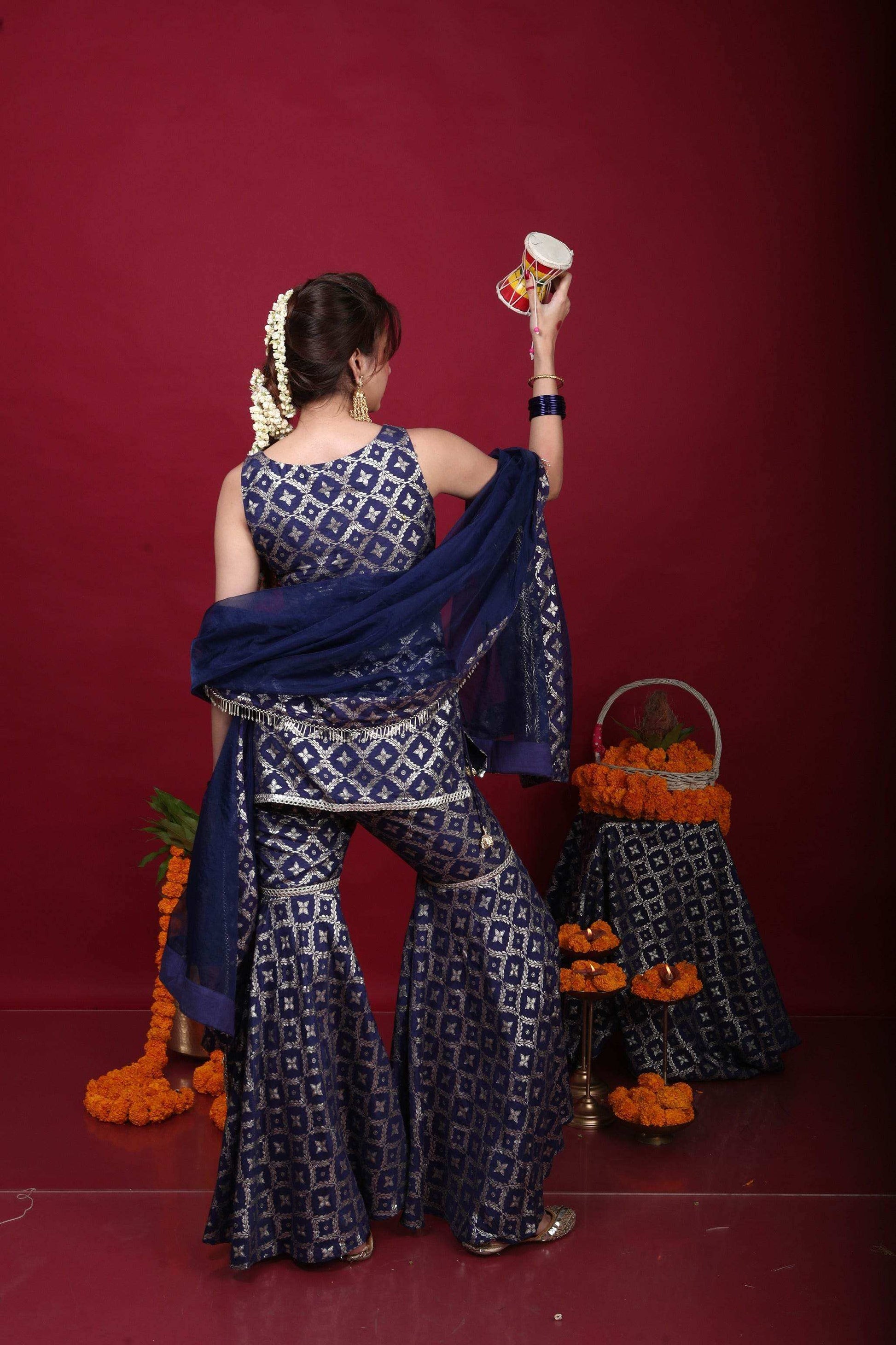 Vani-Kurta, Sharara & Dupatta-Deep Blue - Monk & Mei