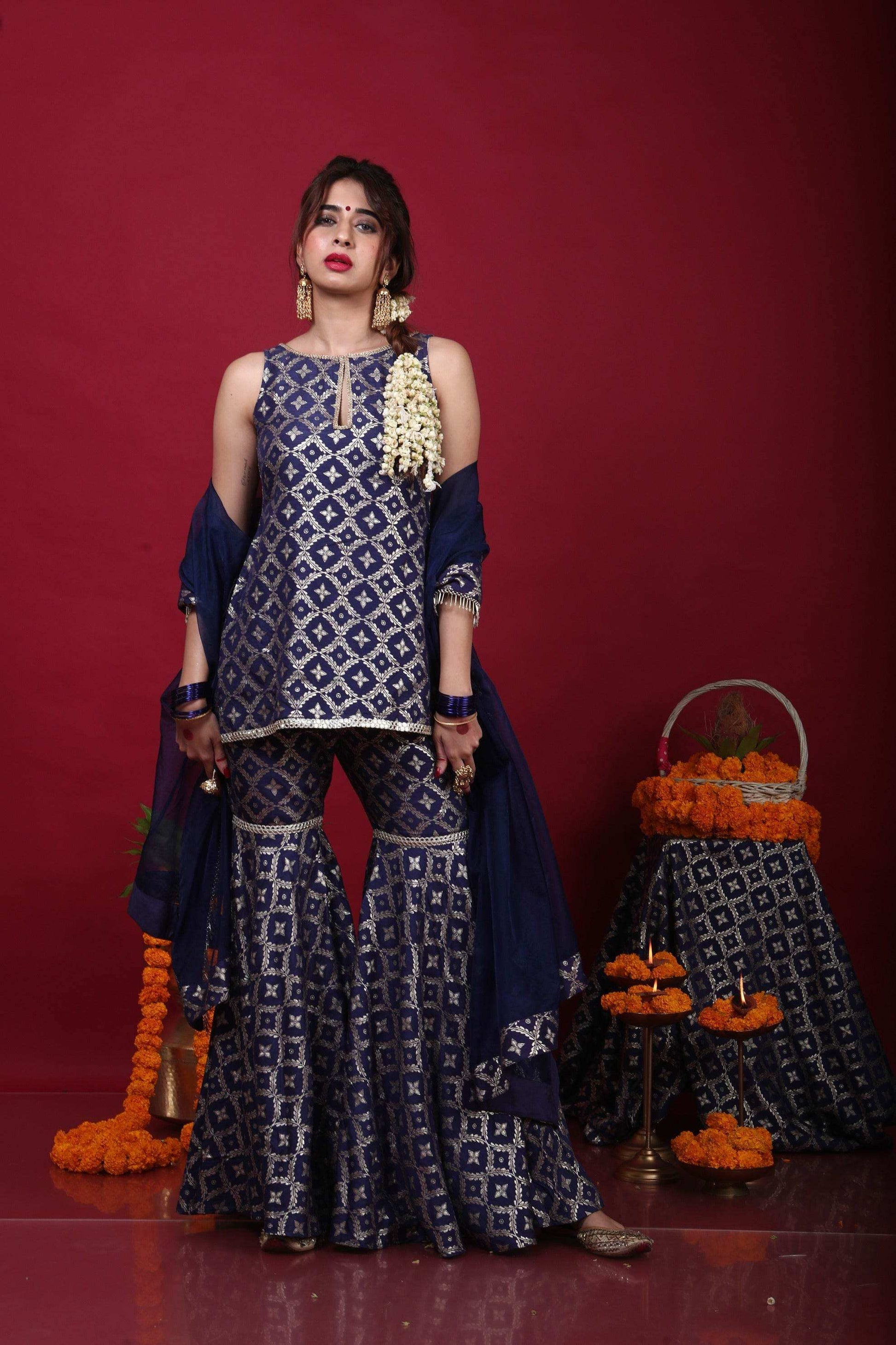 Vani-Kurta, Sharara & Dupatta-Deep Blue - Monk & Mei