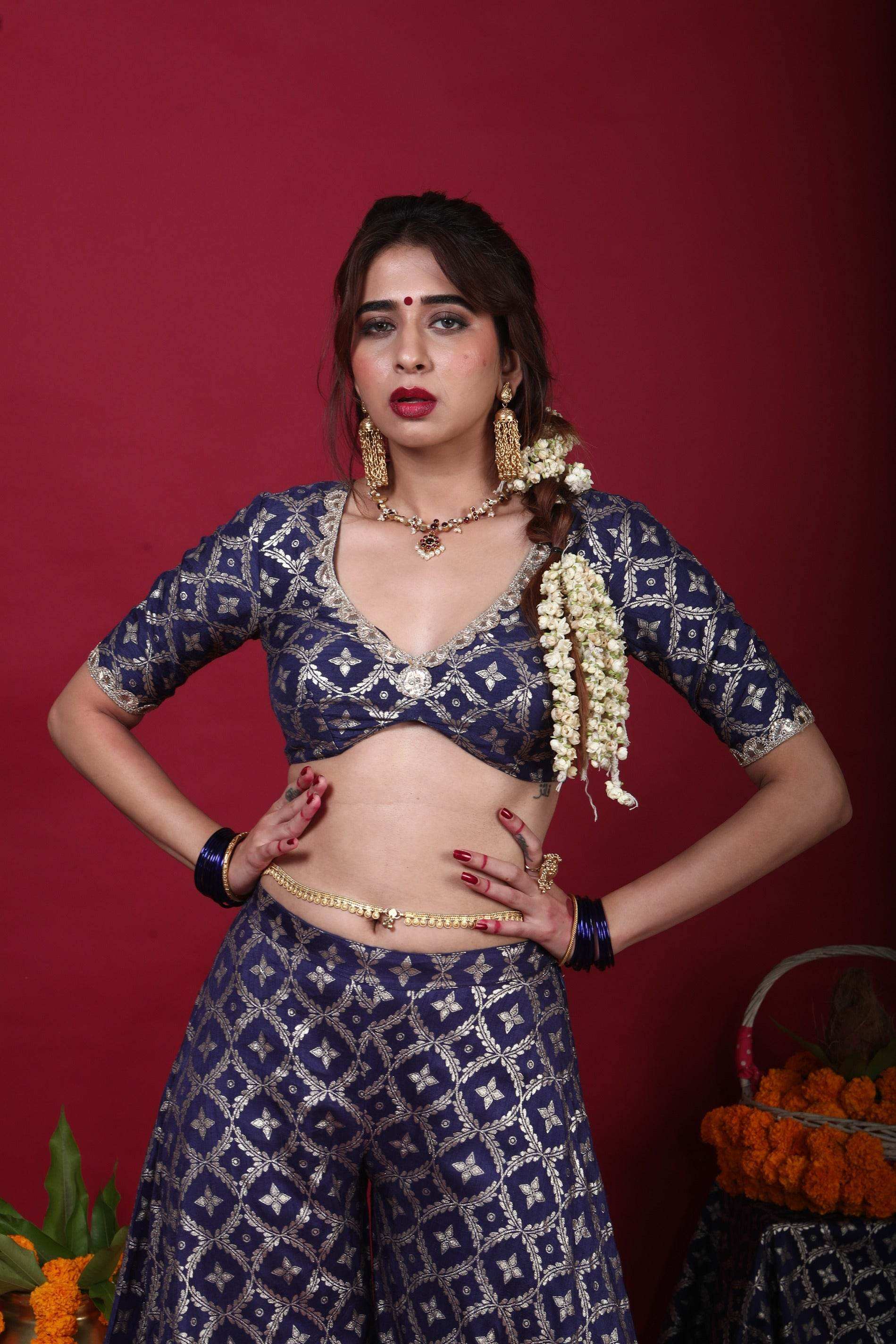 Sevati-Brocade Sharara Blouse Dupatta Set-Deep Blue - Monk & Mei