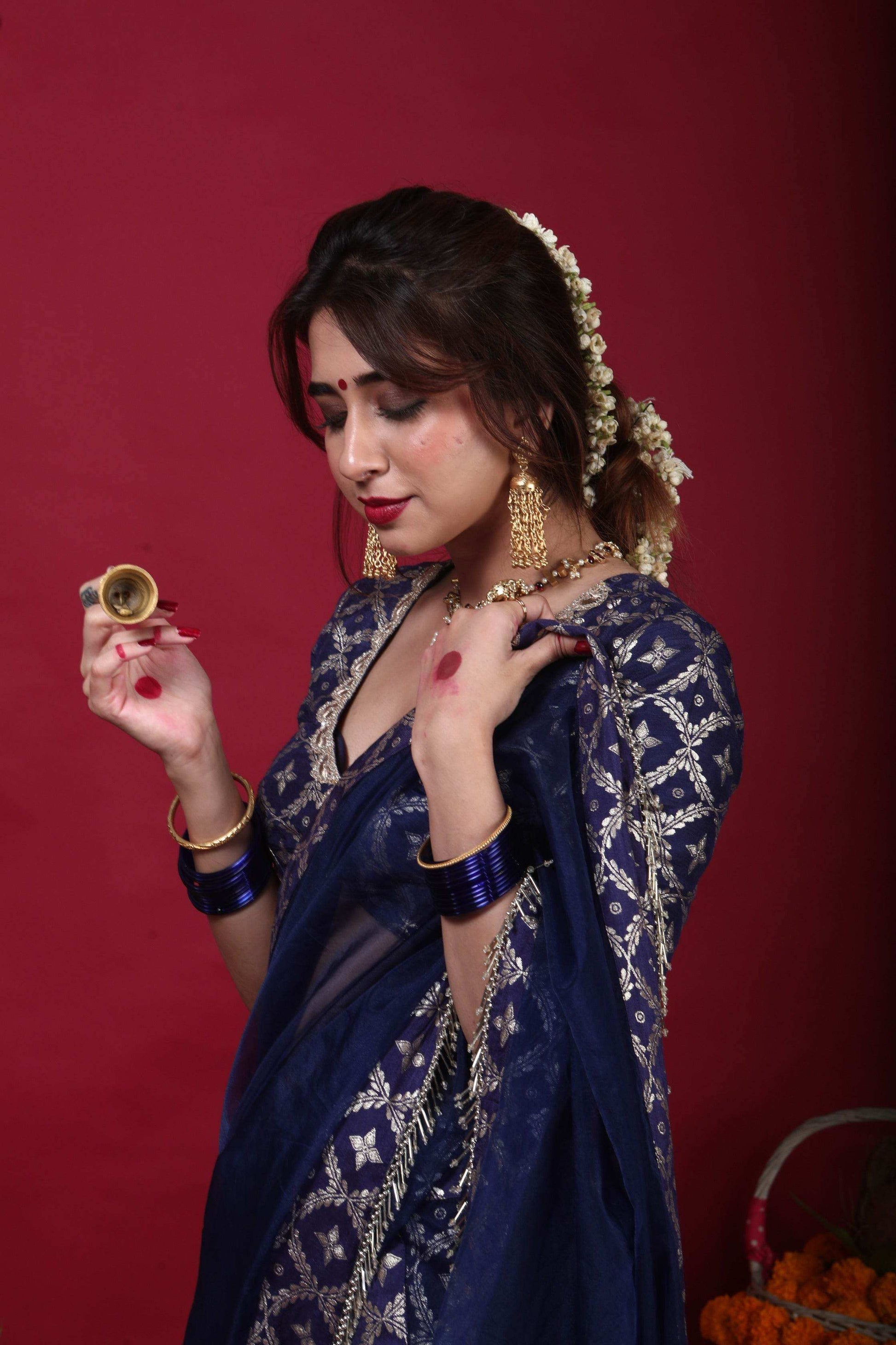 Sevati-Brocade Sharara Blouse Dupatta Set-Deep Blue - Monk & Mei