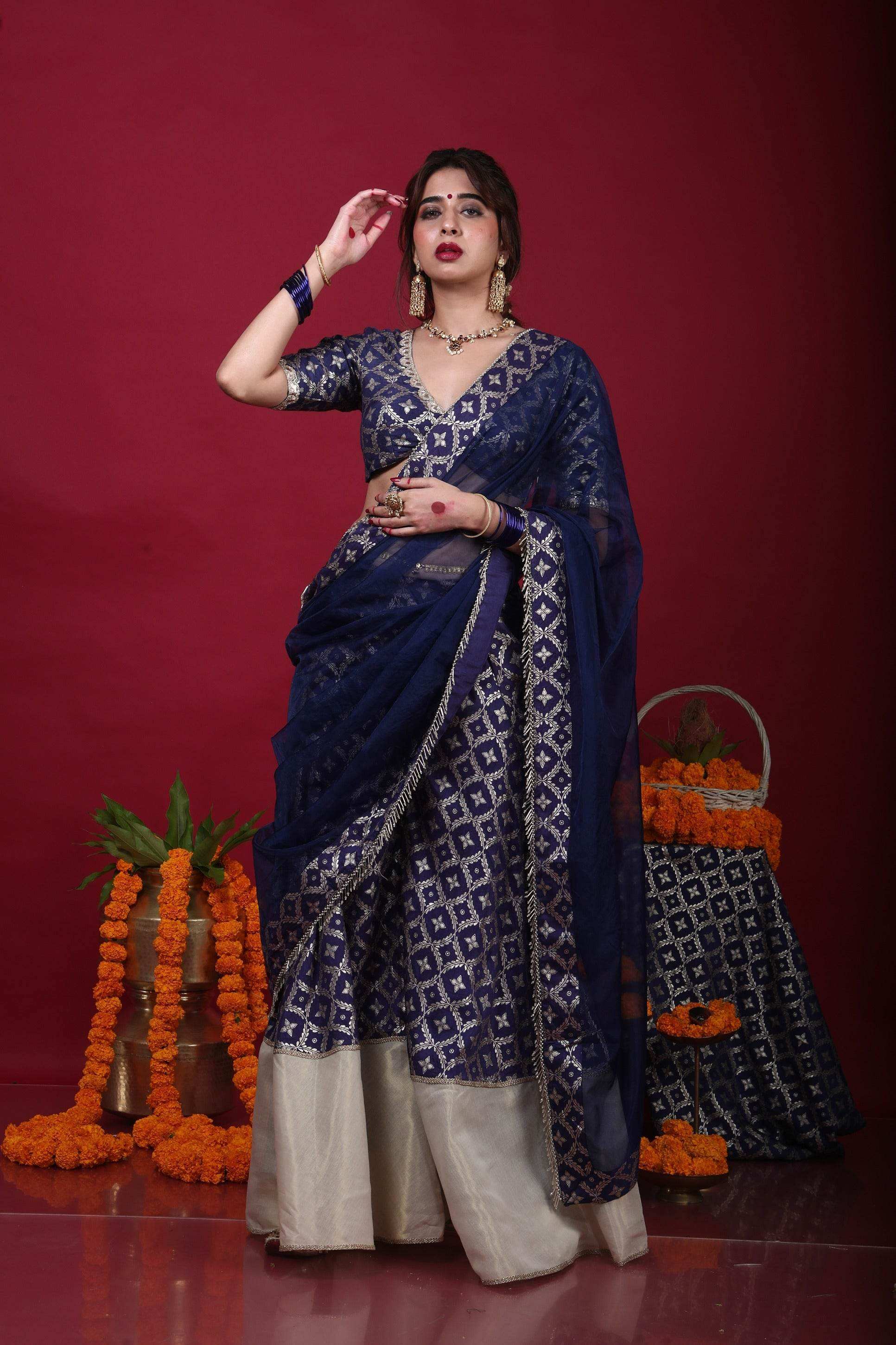Sevati-Brocade Sharara Blouse Dupatta Set-Deep Blue - Monk & Mei
