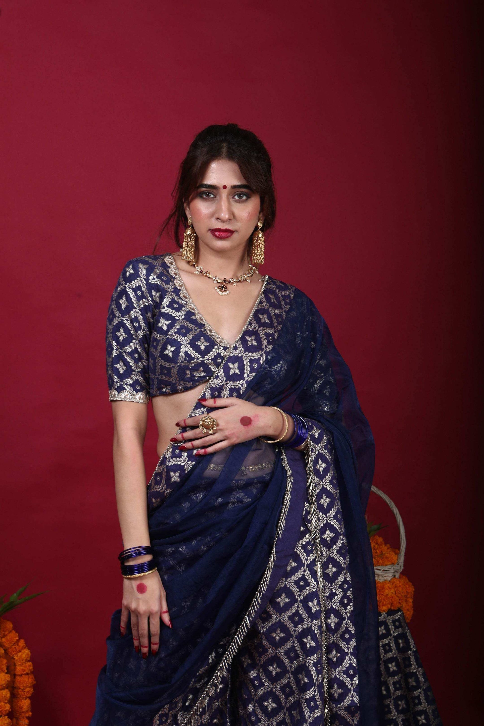 Sevati-Brocade Sharara Blouse Dupatta Set-Deep Blue - Monk & Mei