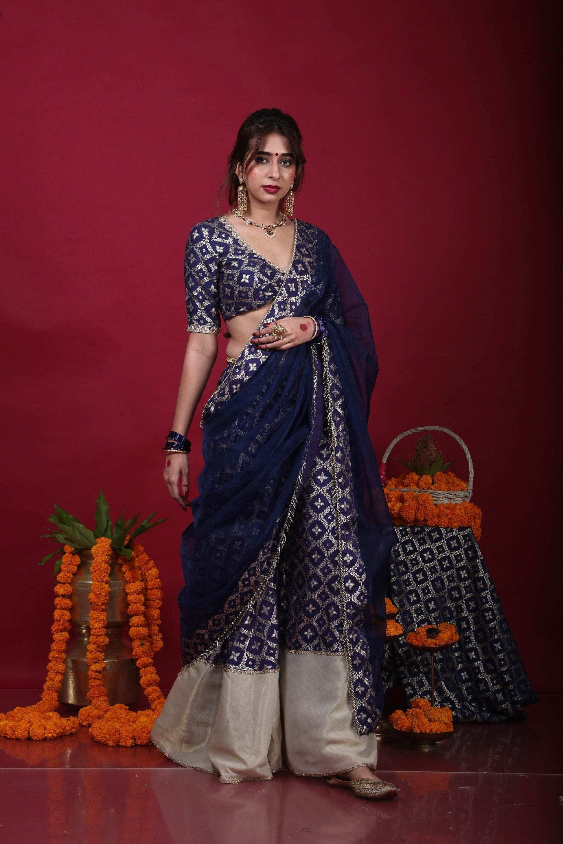 Sevati-Brocade Sharara Blouse Dupatta Set-Deep Blue - Monk & Mei