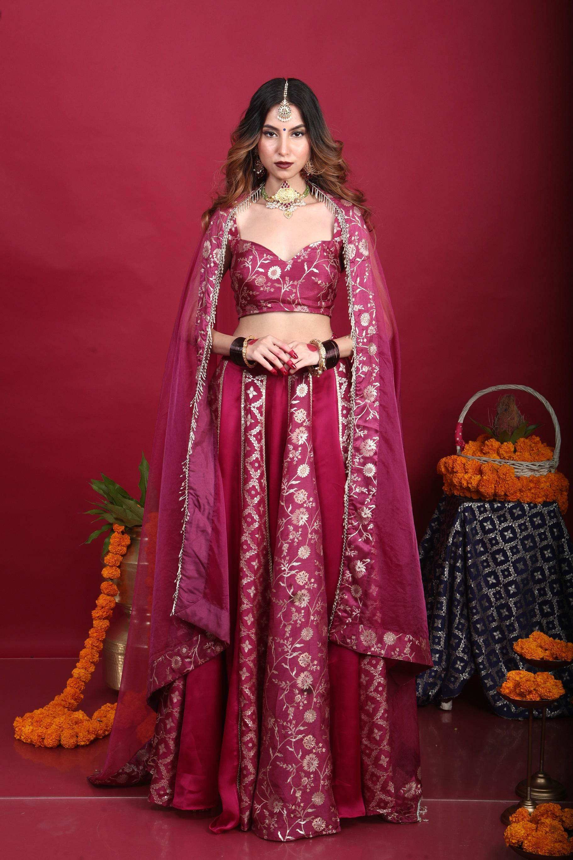 Leela-Brocade Lehenga Set-Plum Purple - Monk & Mei