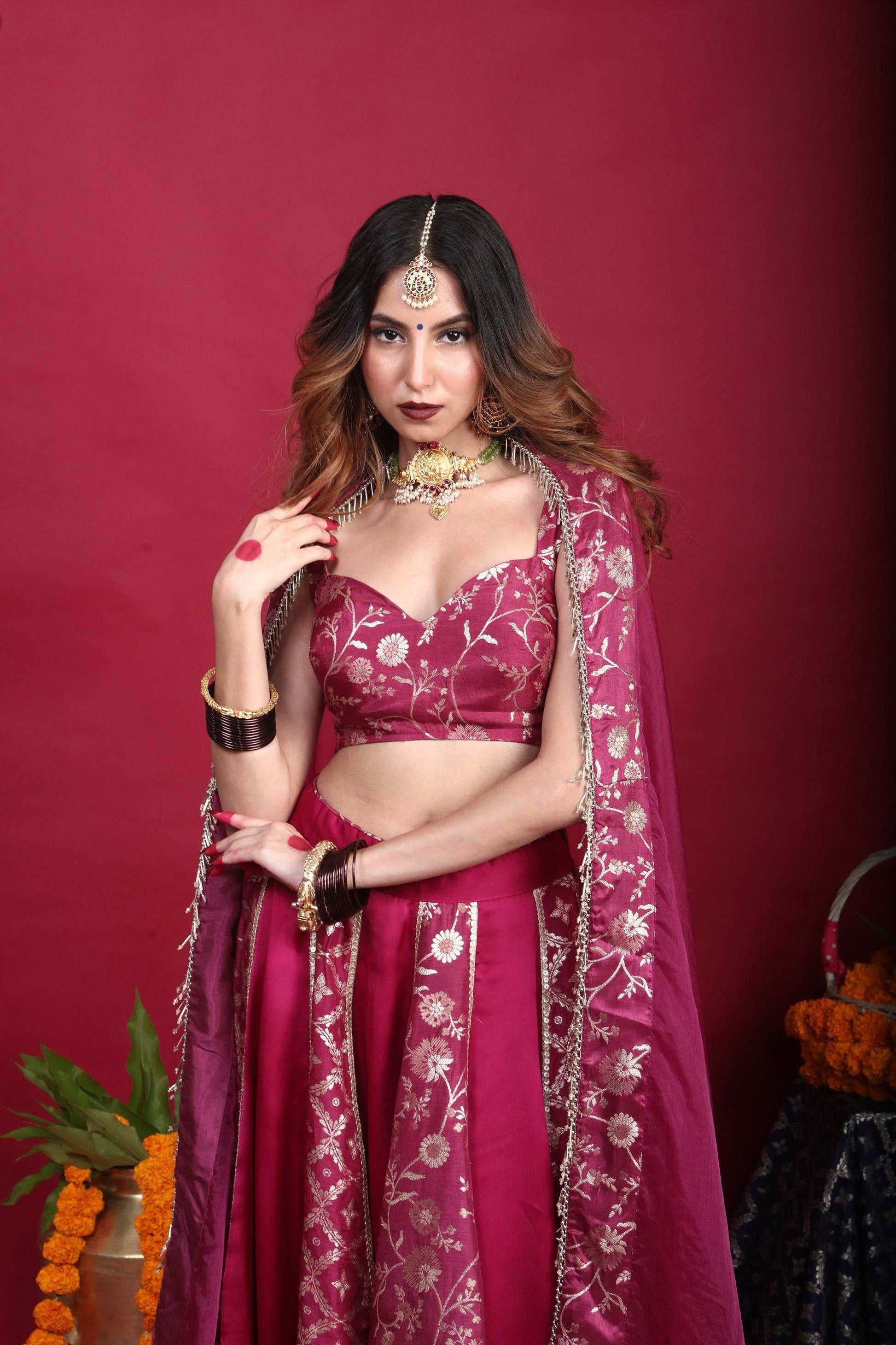 Leela-Brocade Lehenga Set-Plum Purple - Monk & Mei