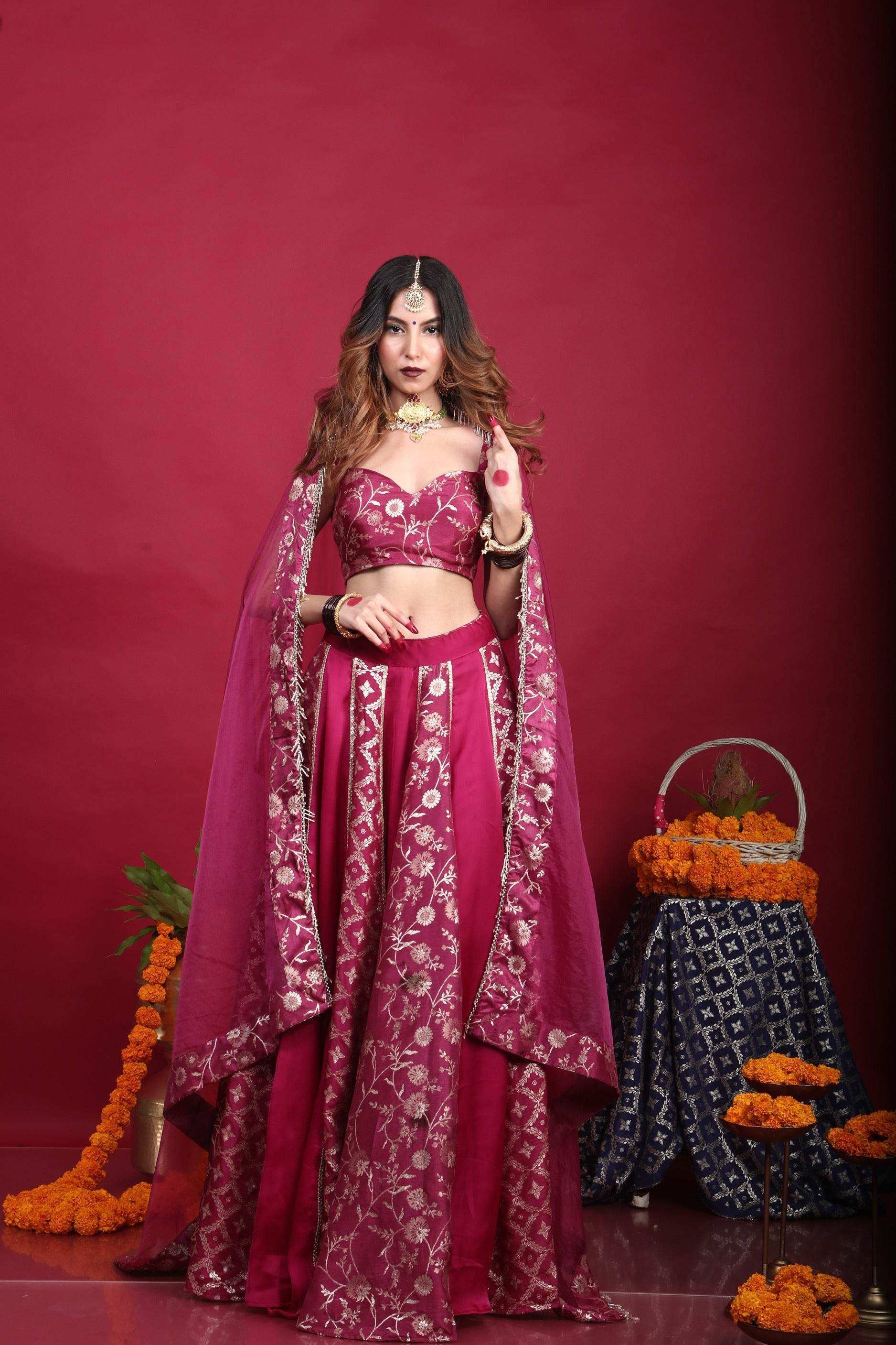 Leela-Brocade Lehenga Set-Plum Purple - Monk & Mei