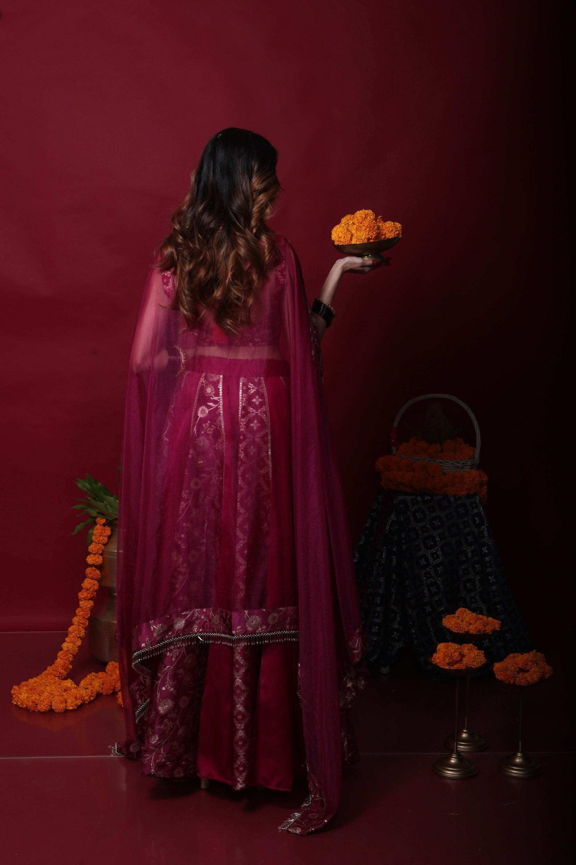 Leela-Brocade Lehenga Set-Plum Purple - Monk & Mei