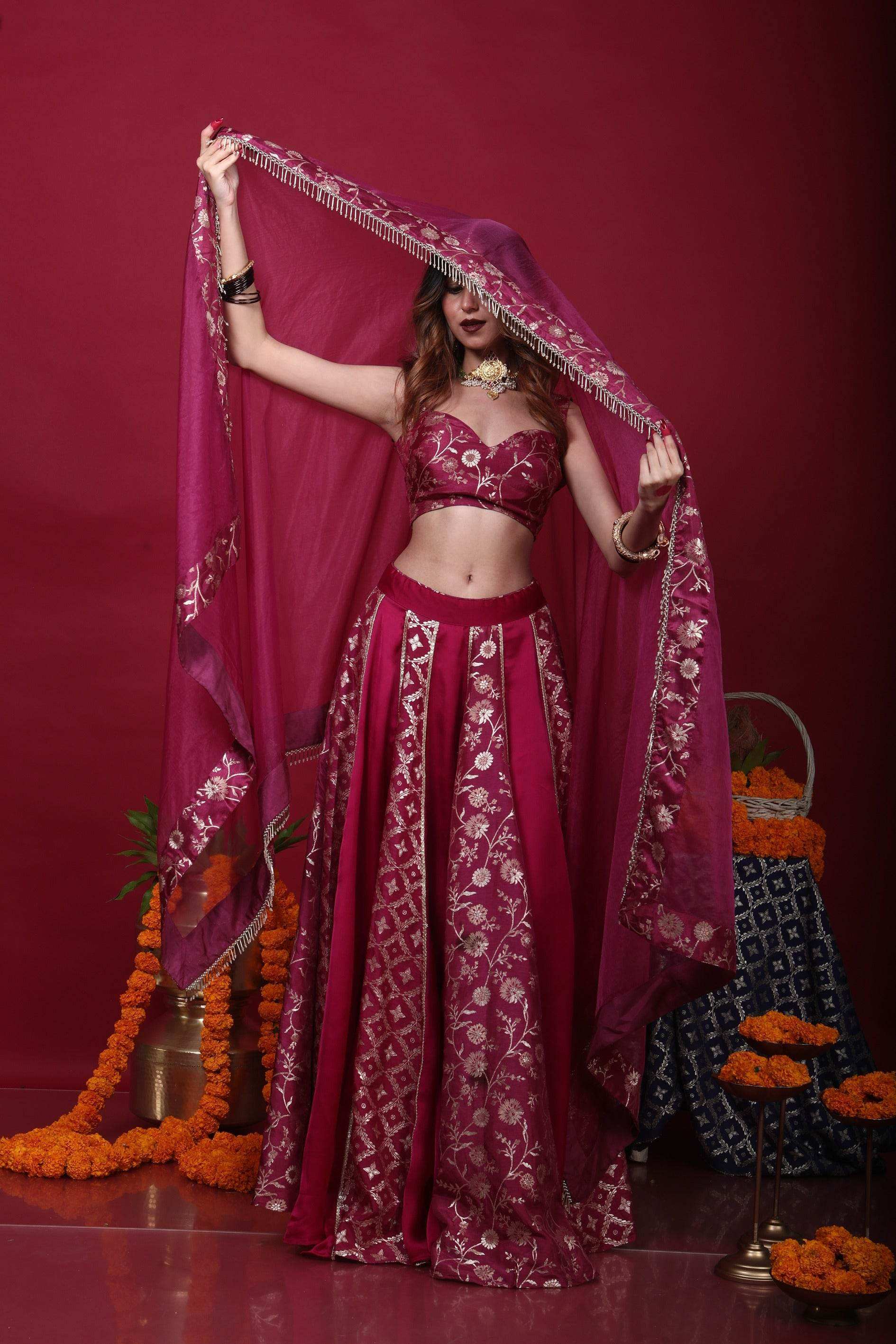 Leela-Brocade Lehenga Set-Plum Purple - Monk & Mei