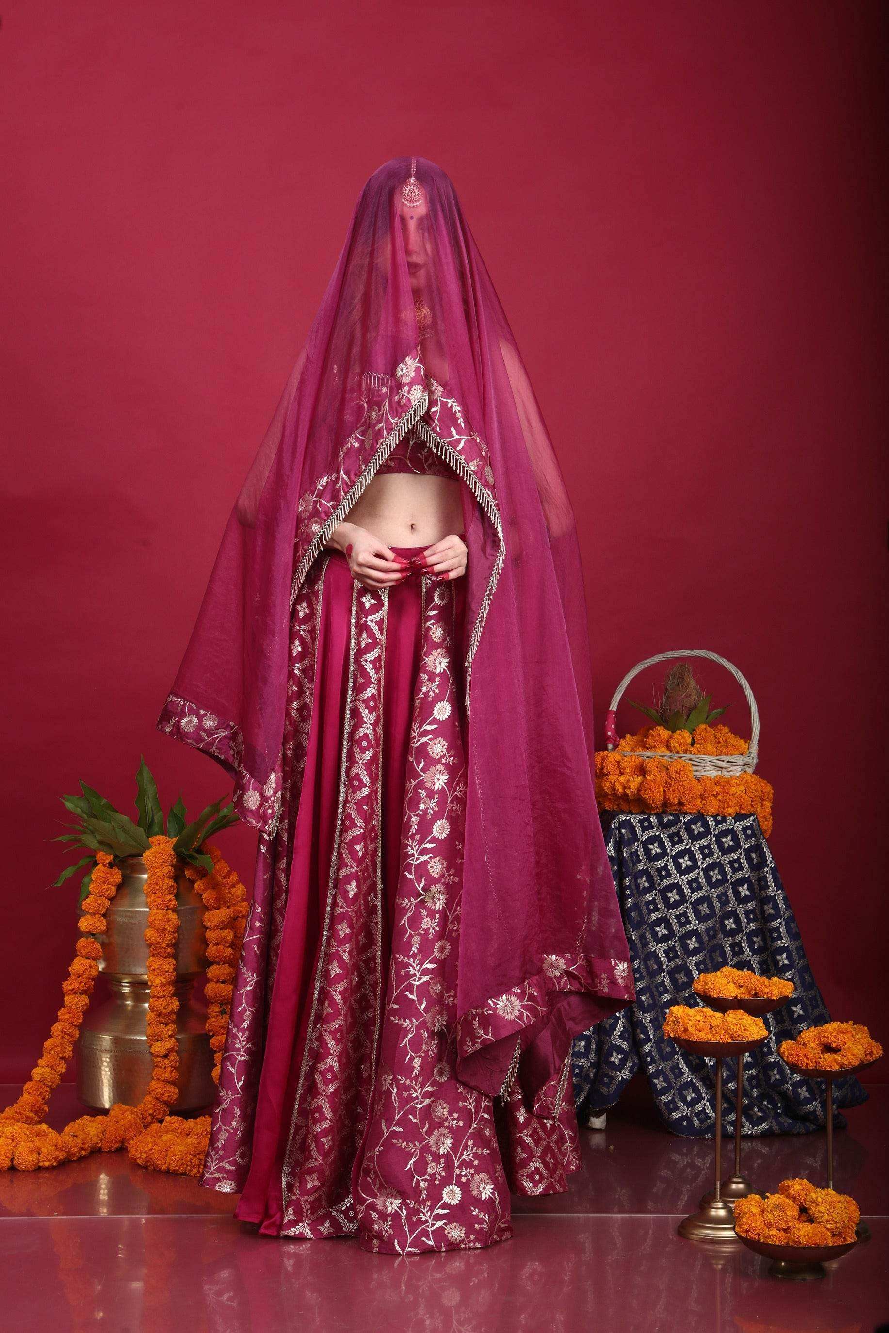 Leela-Brocade Lehenga Set-Plum Purple - Monk & Mei