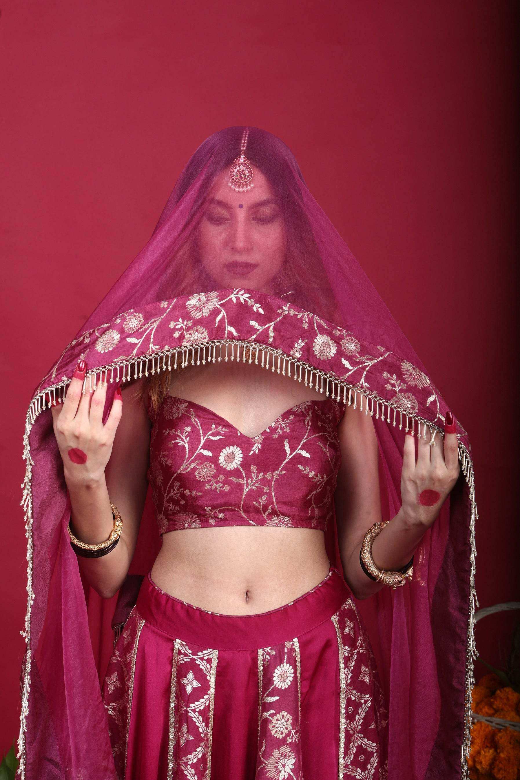 Leela-Brocade Lehenga Set-Plum Purple - Monk & Mei