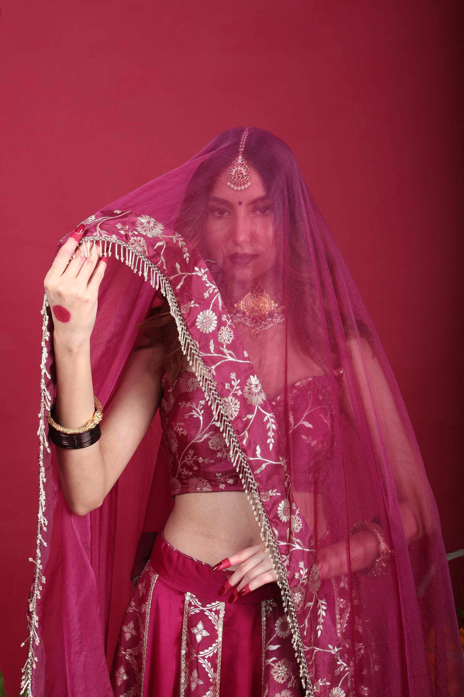 Leela-Brocade Lehenga Set-Plum Purple - Monk & Mei