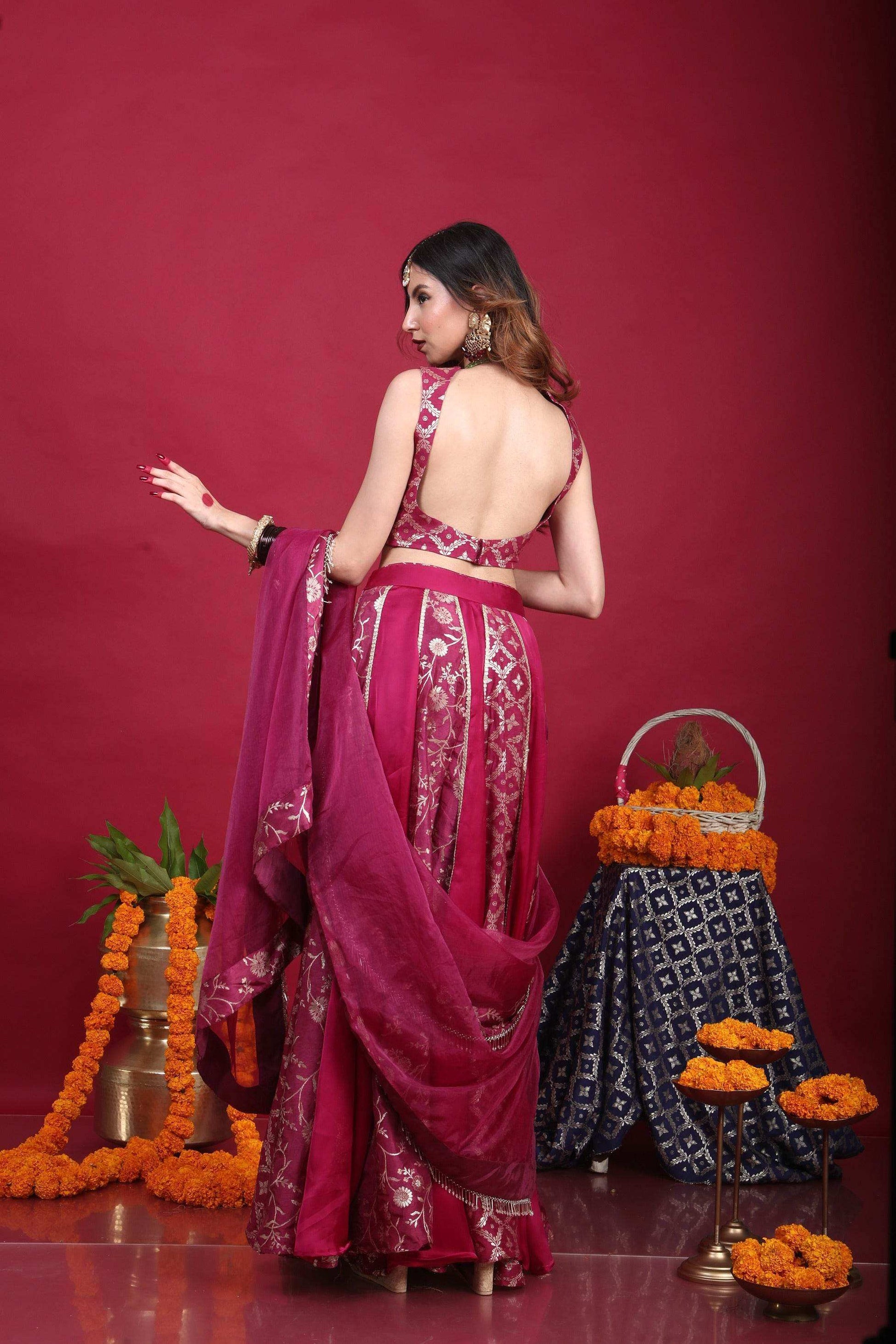 Leela-Brocade Lehenga Set-Plum Purple - Monk & Mei