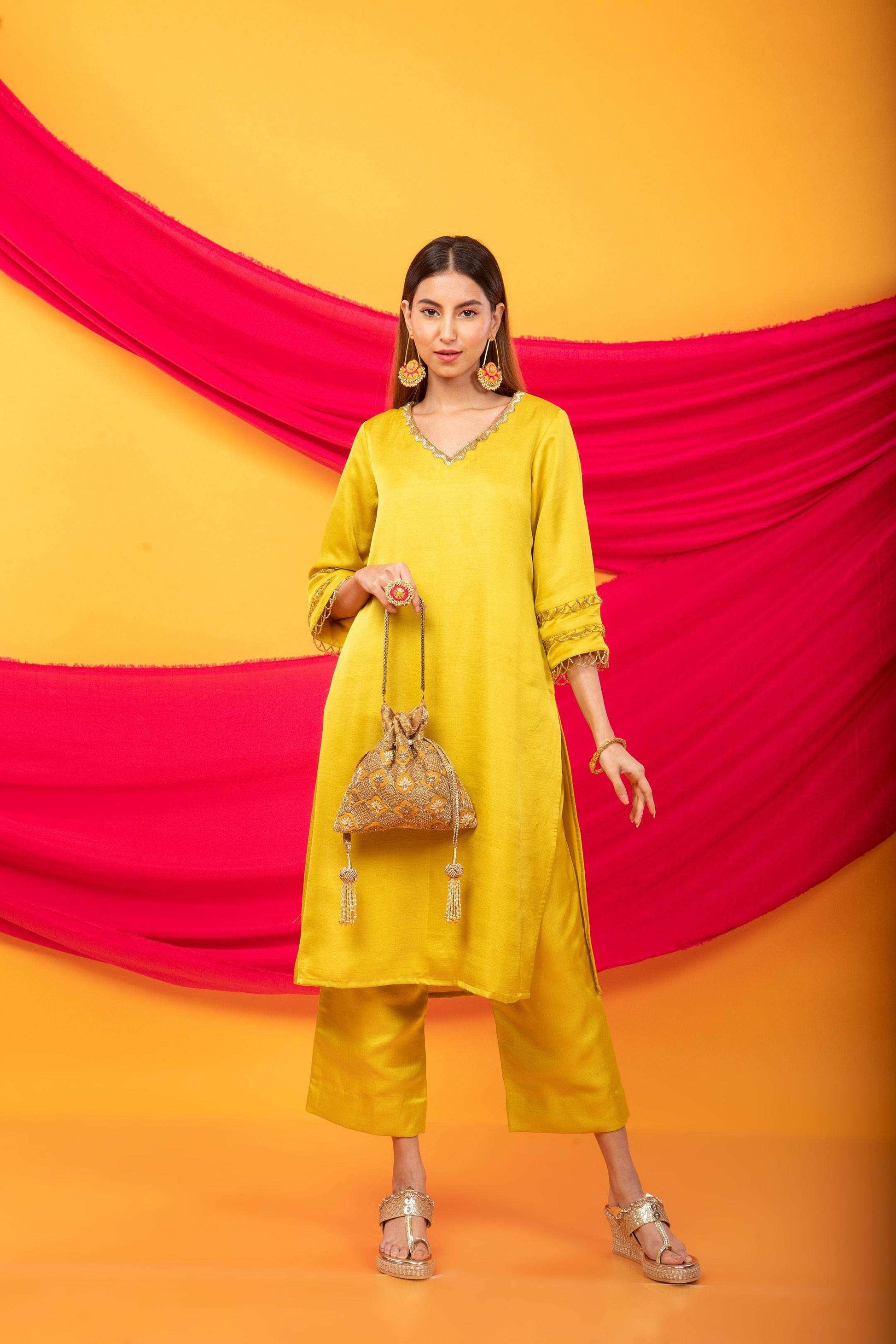 Gulnaar Lahori Kurta and Pant Set-Canary Yellow - Monk & Mei