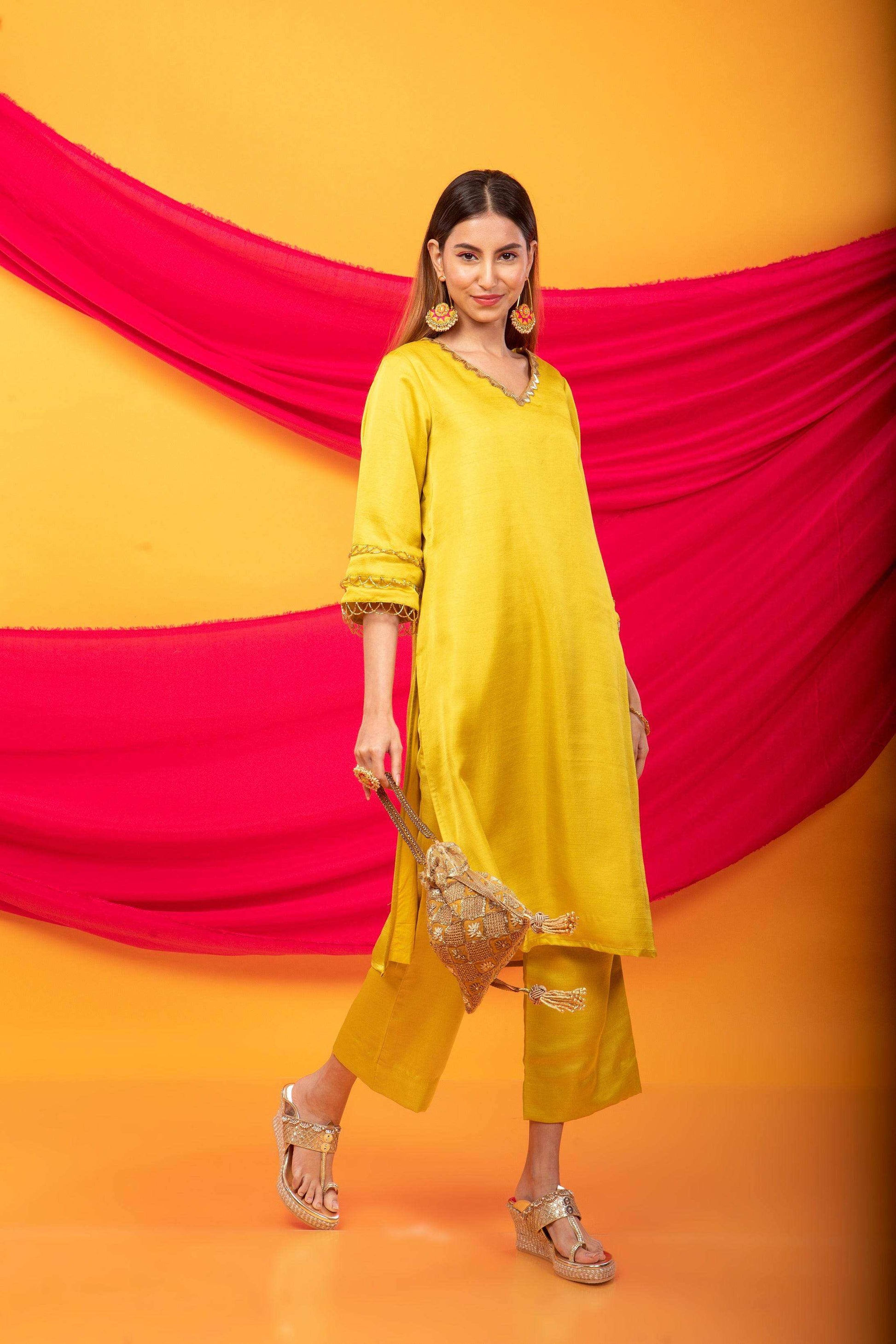 Gulnaar Lahori Kurta and Pant Set-Canary Yellow - Monk & Mei
