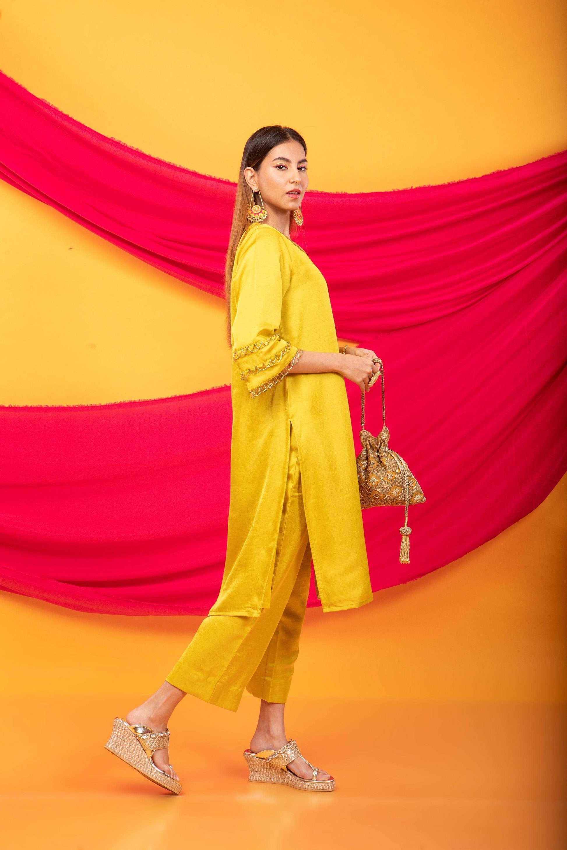 Gulnaar Lahori Kurta and Pant Set-Canary Yellow - Monk & Mei