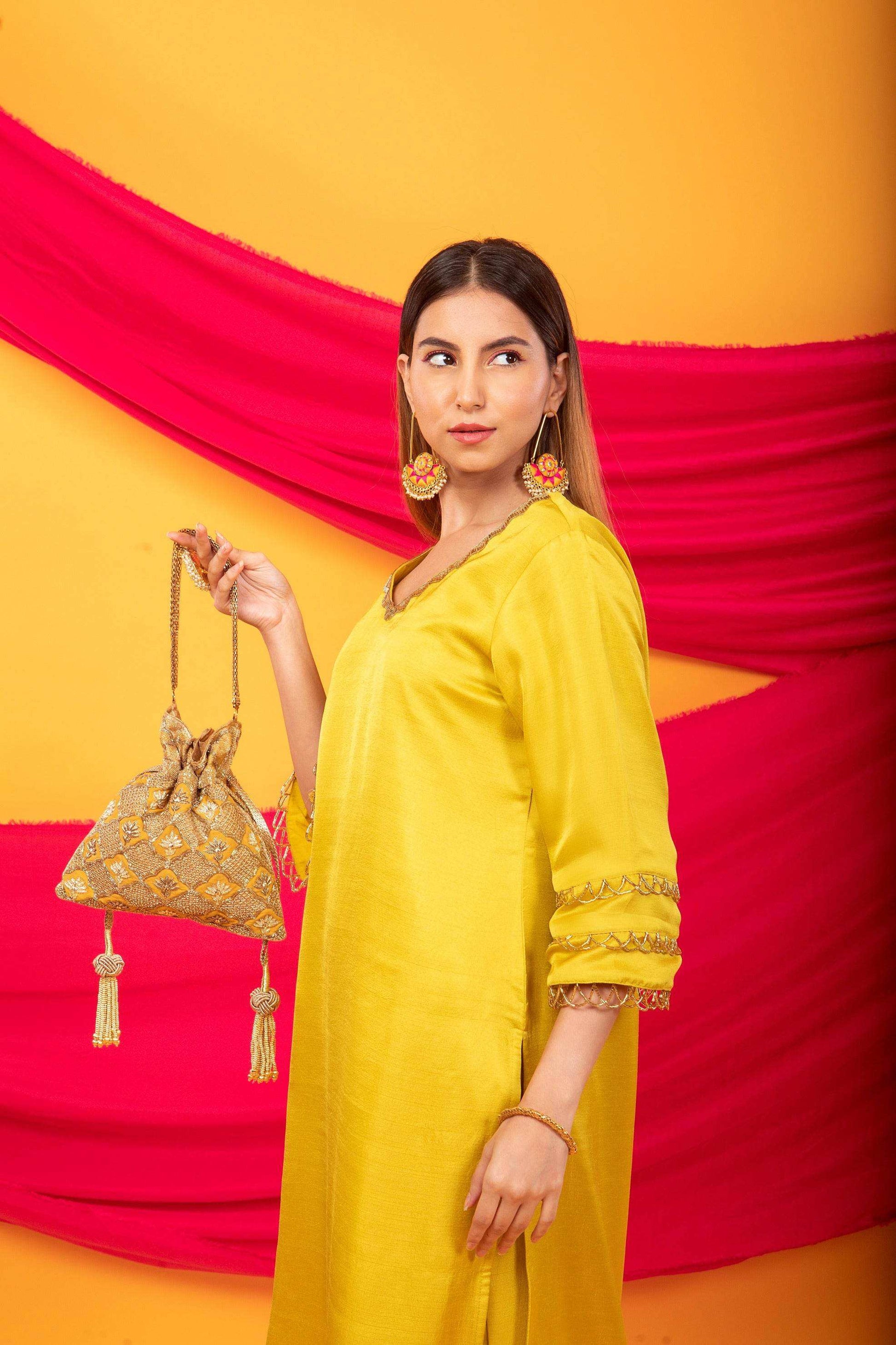 Gulnaar Lahori Kurta and Pant Set-Canary Yellow - Monk & Mei
