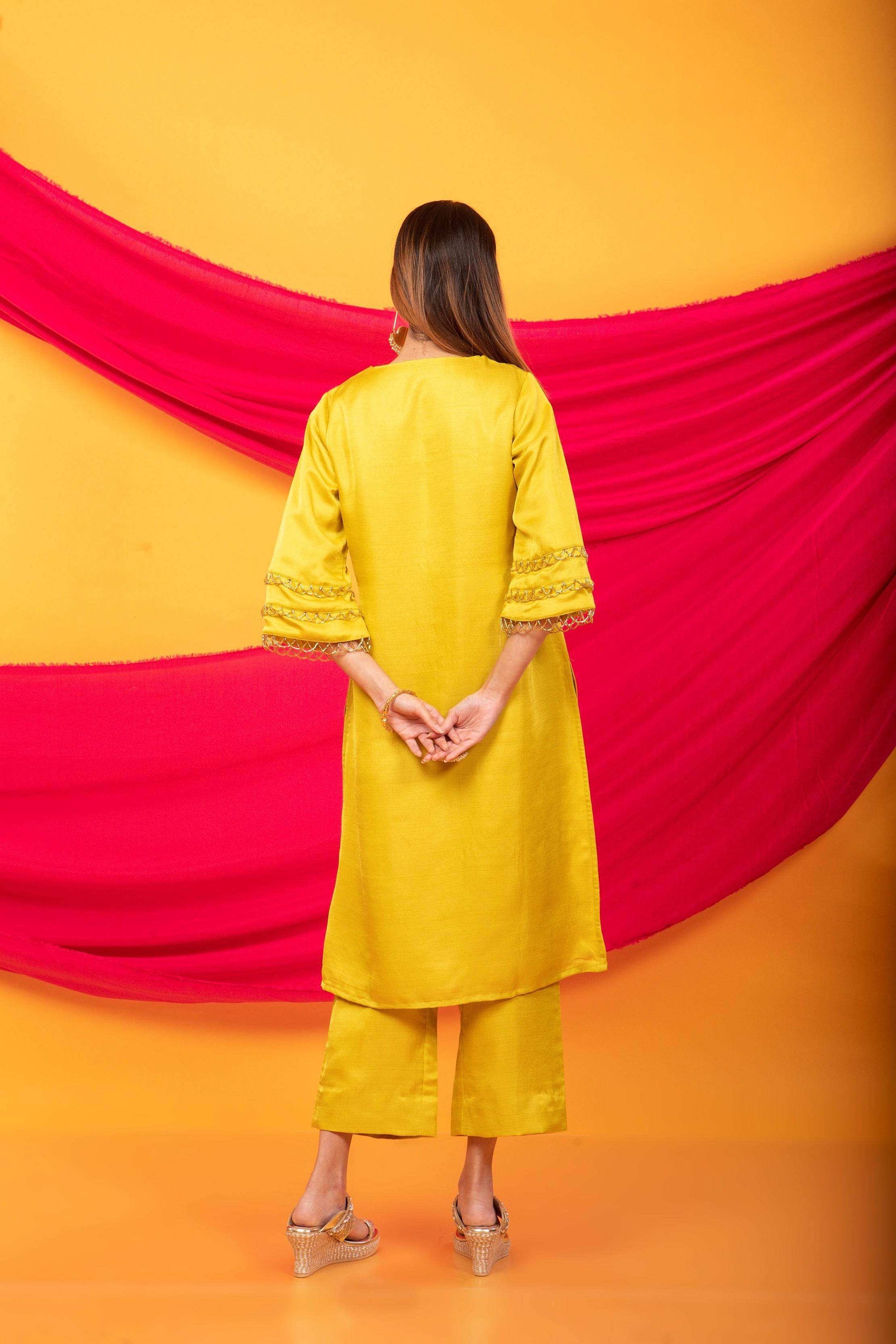 Gulnaar Lahori Kurta and Pant Set-Canary Yellow - Monk & Mei