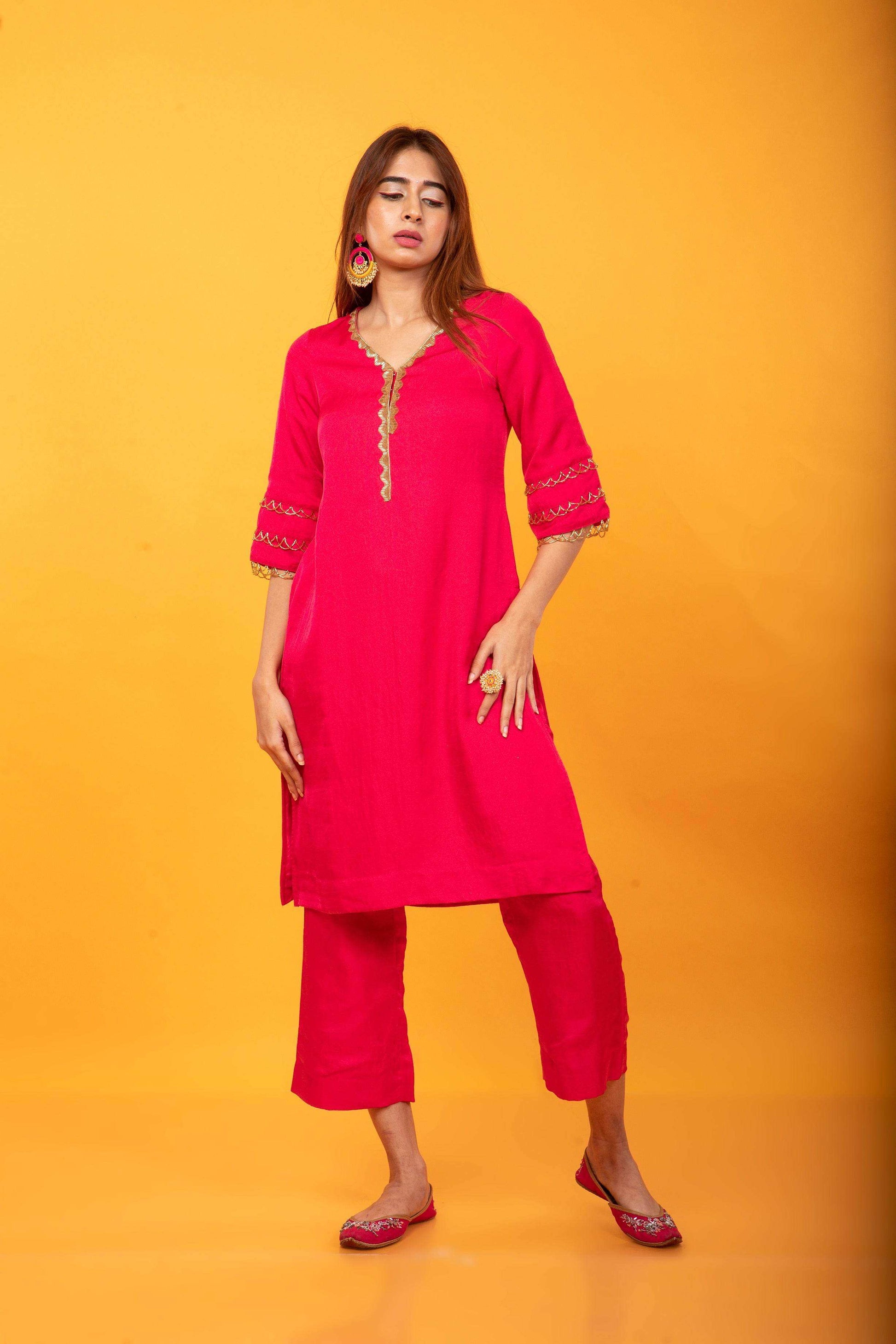 Gulnaar Lahori Kurta and Pant Set-Fuchsia Pink - Monk & Mei