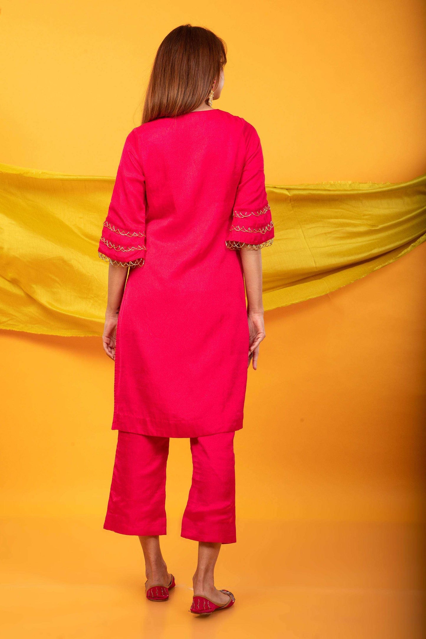 Gulnaar Lahori Kurta and Pant Set-Fuchsia Pink - Monk & Mei