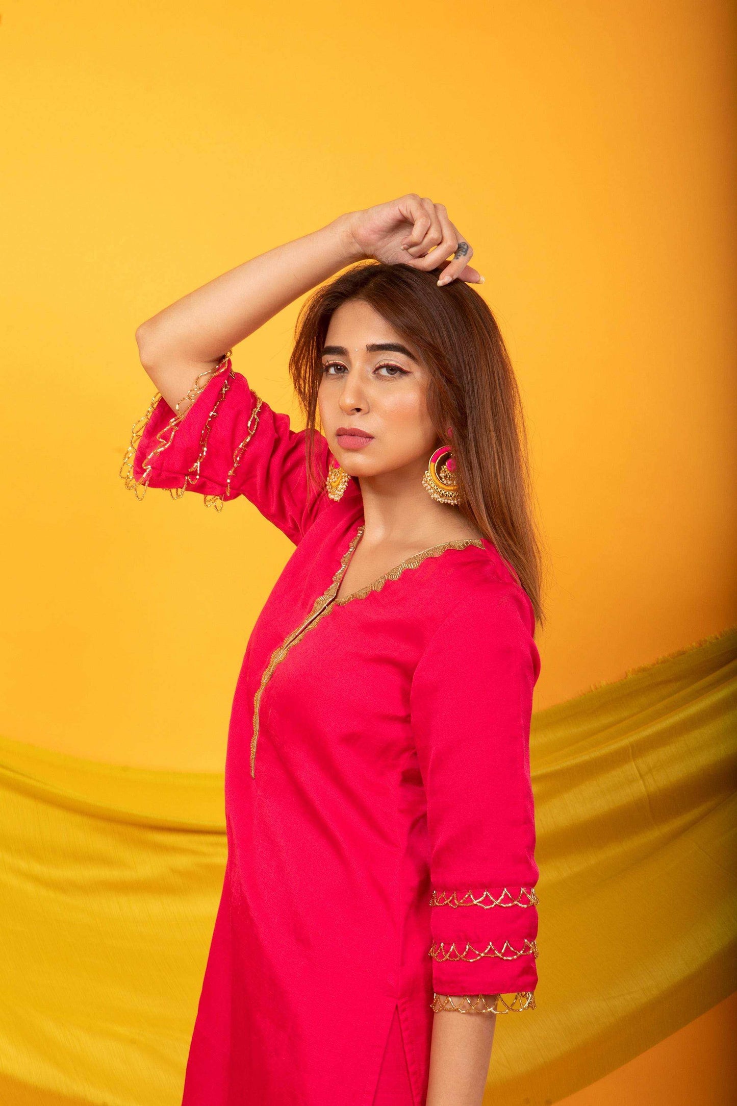 Gulnaar Lahori Kurta and Pant Set-Fuchsia Pink - Monk & Mei