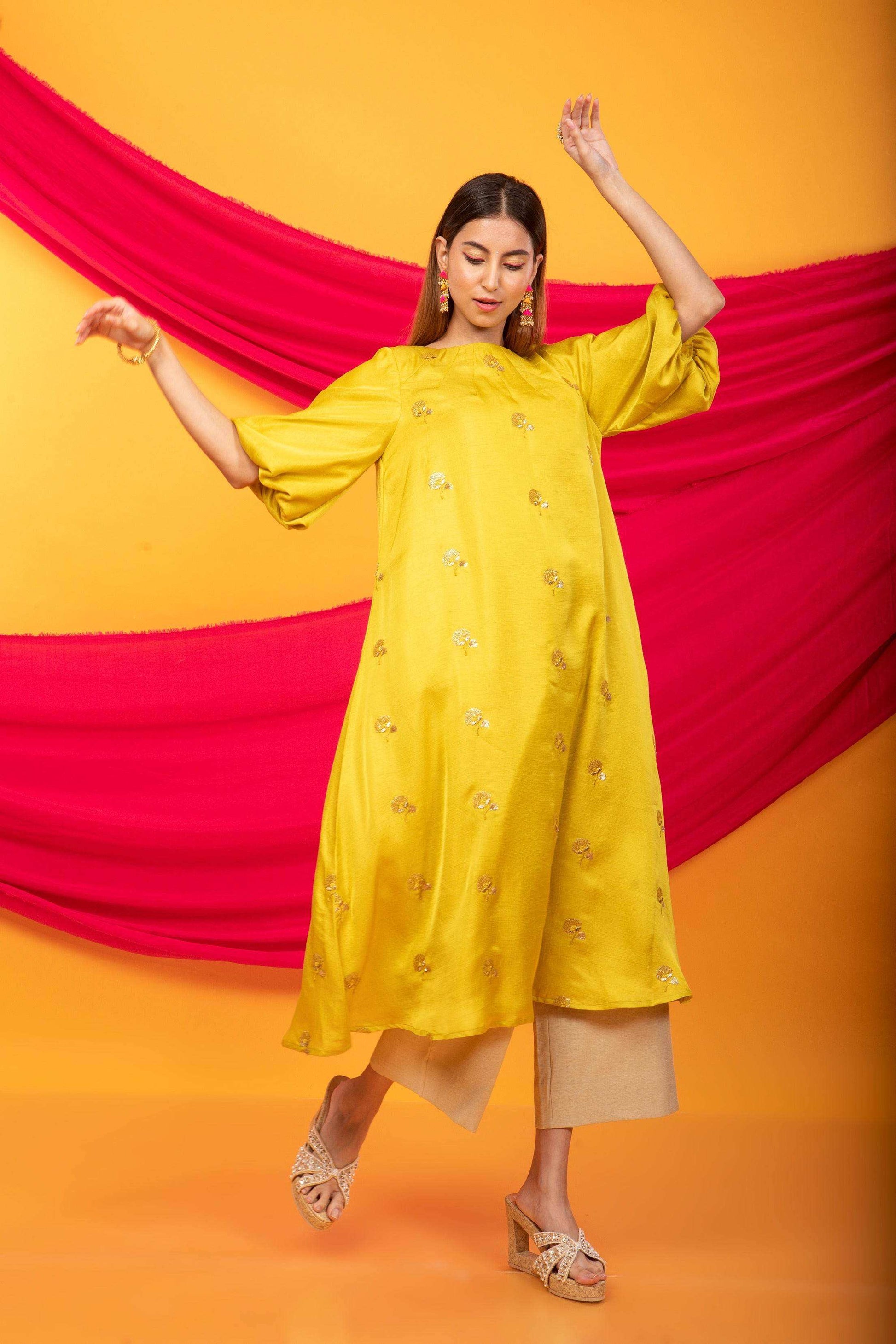 Feroz Kurta and Pant Set-Canary Yellow and gold - Monk & Mei