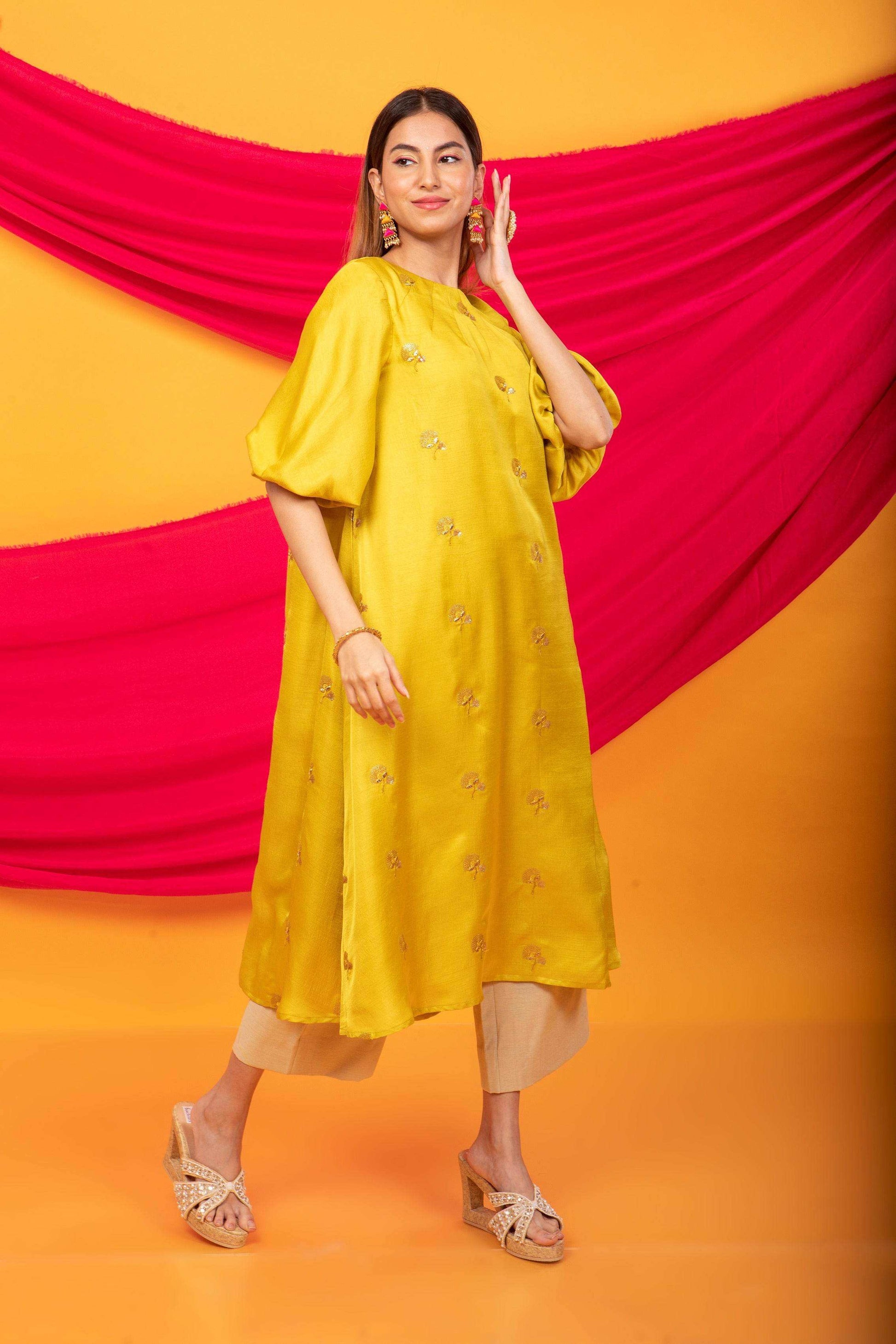 Feroz Kurta and Pant Set-Canary Yellow and gold - Monk & Mei