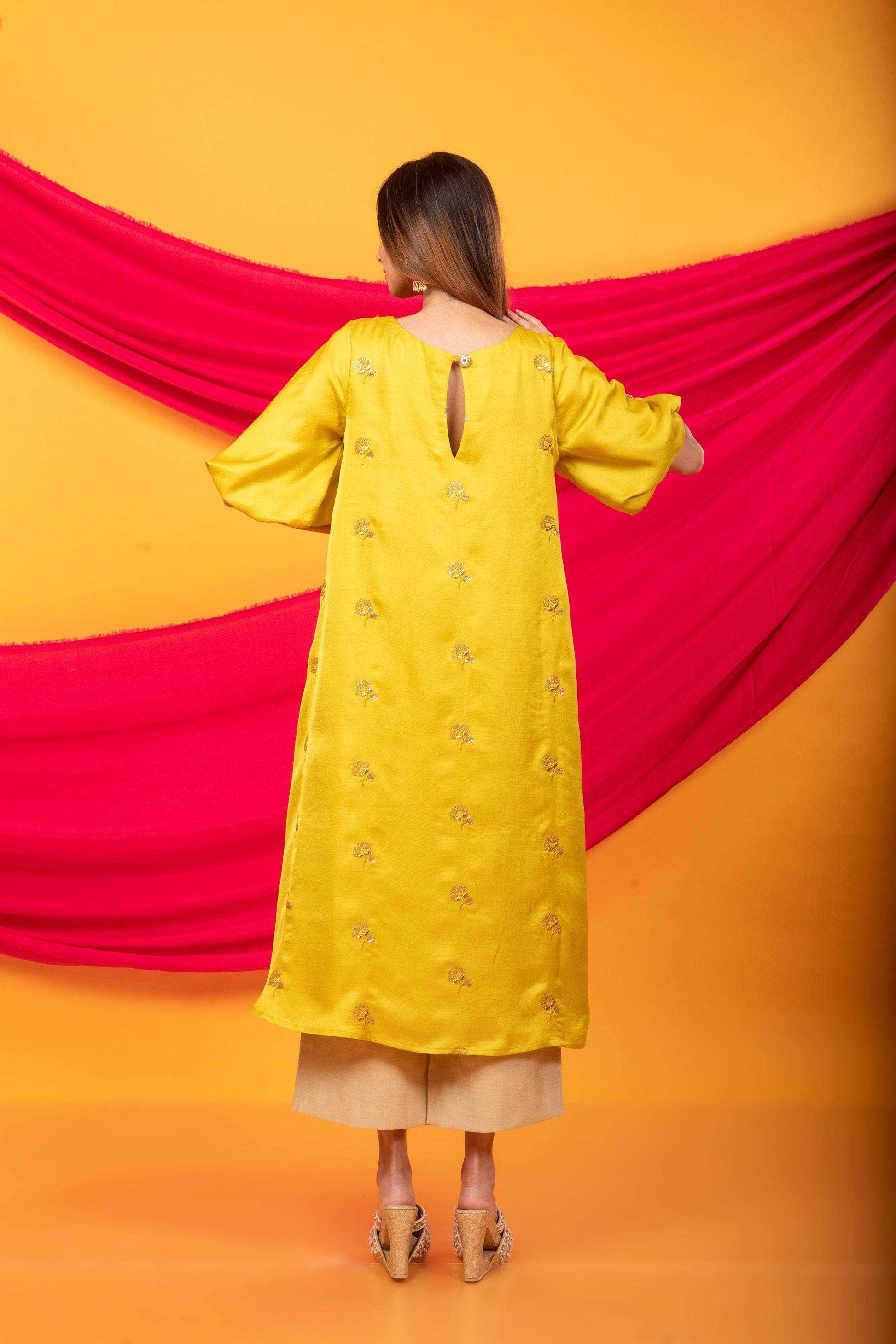 Feroz Kurta and Pant Set-Canary Yellow and gold - Monk & Mei