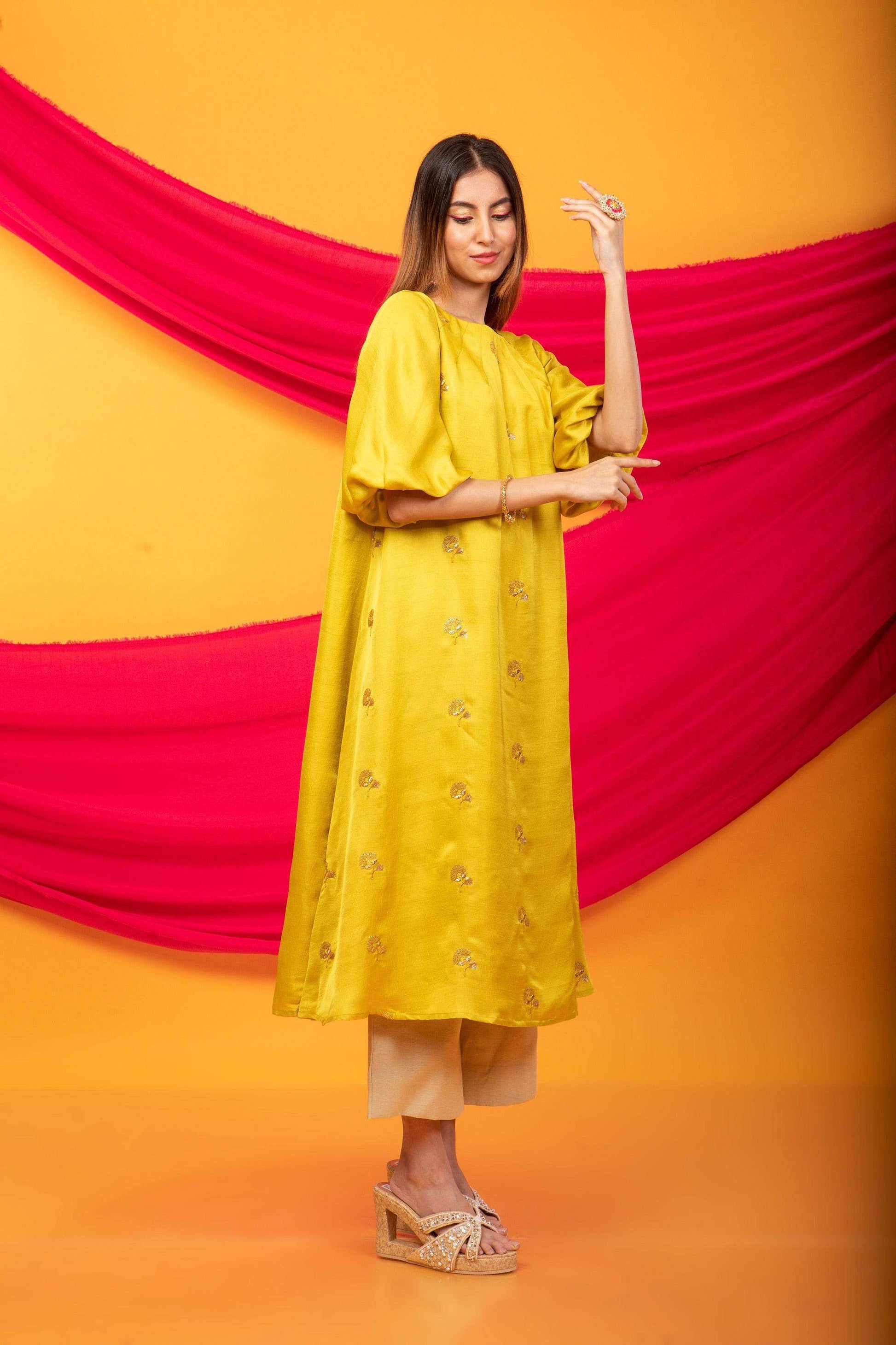 Feroz Kurta and Pant Set-Canary Yellow and gold - Monk & Mei