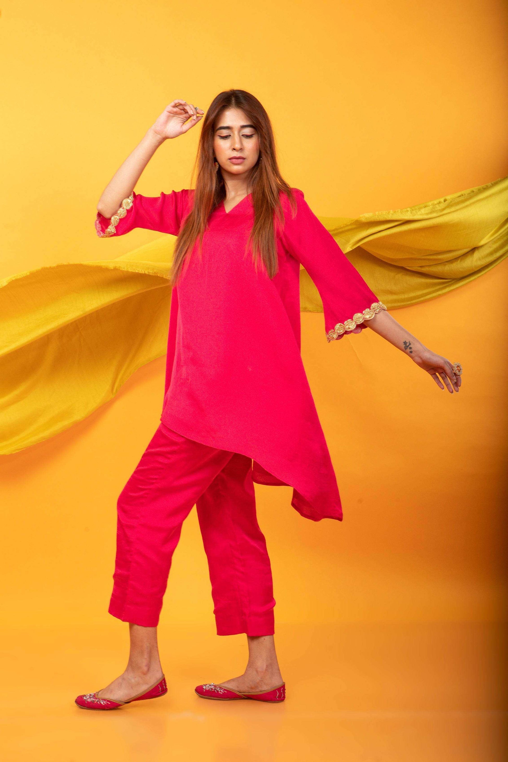 Nusrat Assymetrical Kurta and Pant Co-ord Set-Fuchsia Pink - Monk & Mei
