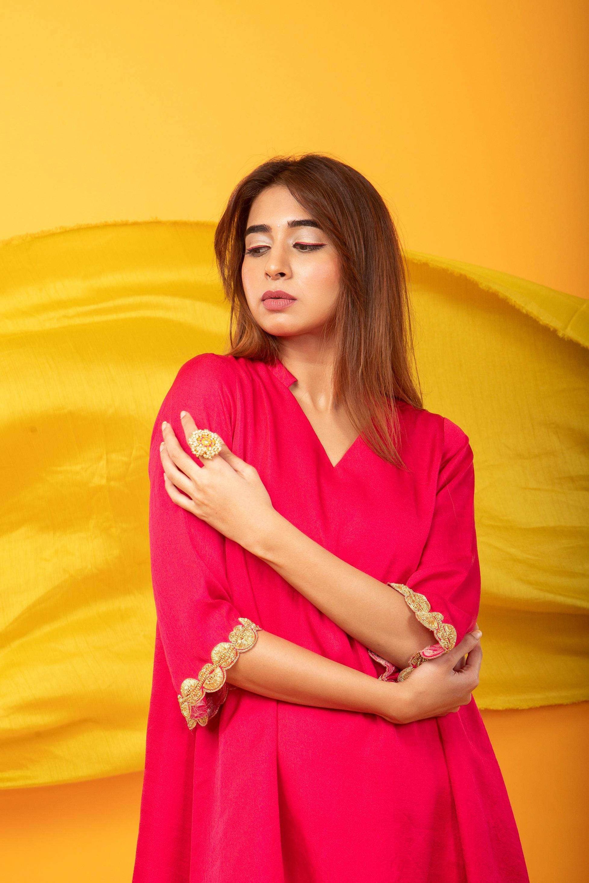 Nusrat Assymetrical Kurta and Pant Co-ord Set-Fuchsia Pink - Monk & Mei