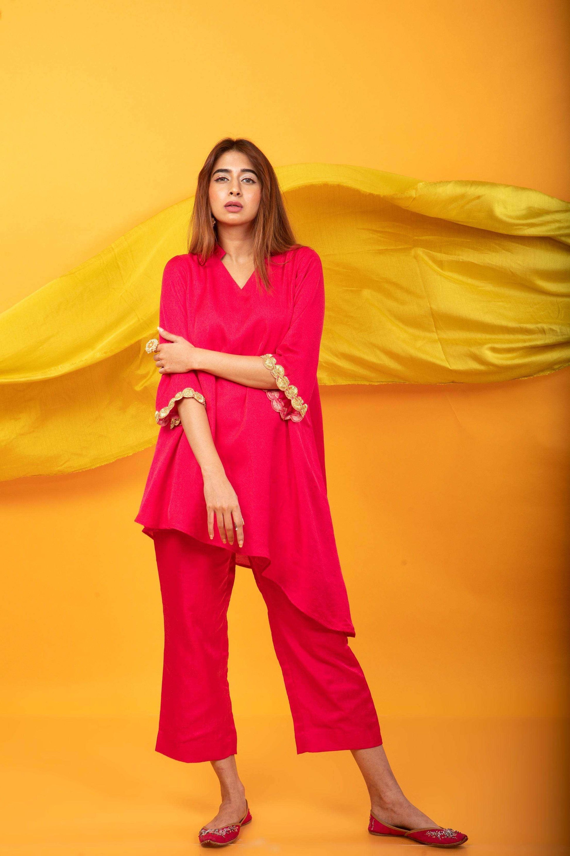 Nusrat Assymetrical Kurta and Pant Co-ord Set-Fuchsia Pink - Monk & Mei