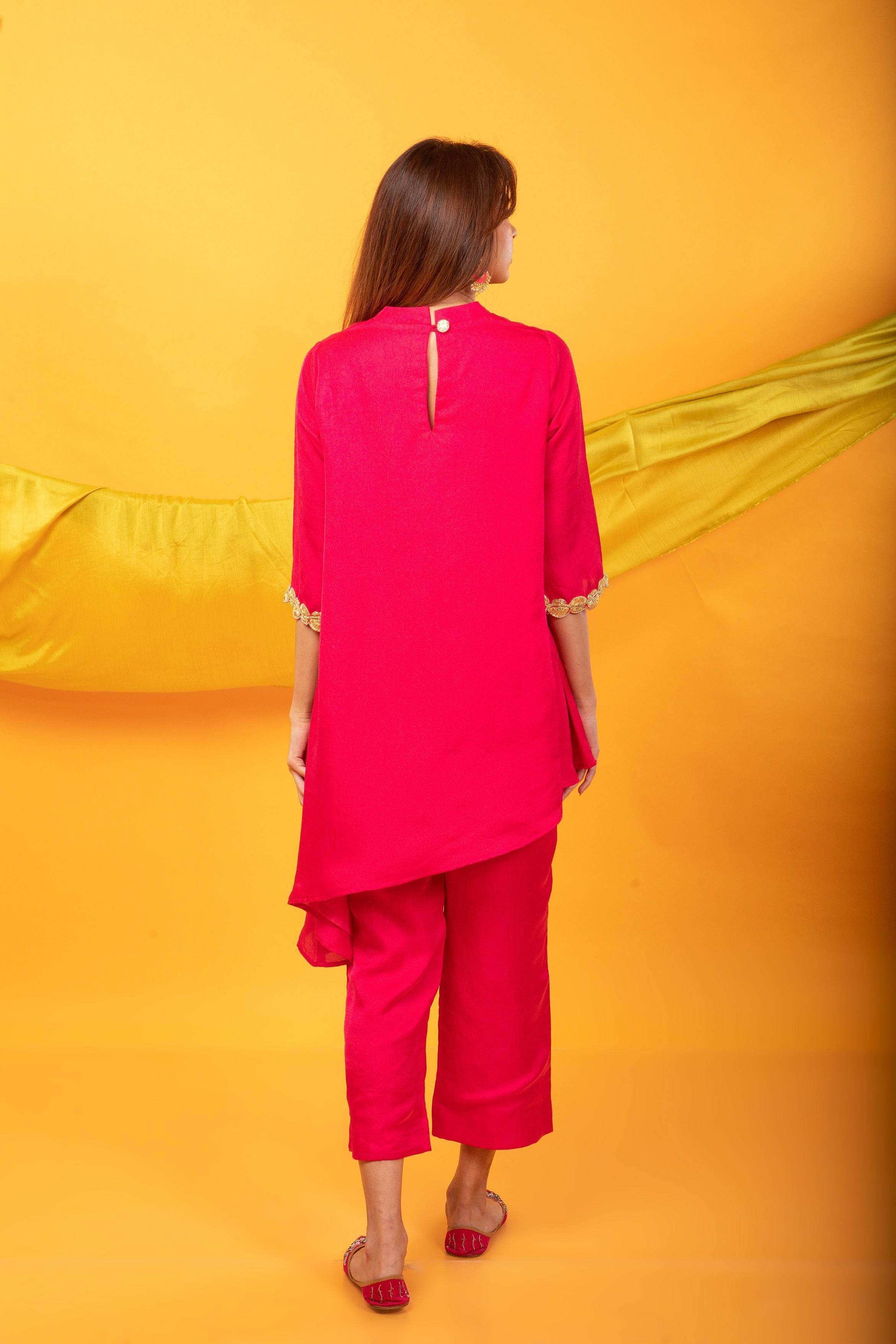 Nusrat Assymetrical Kurta and Pant Co-ord Set-Fuchsia Pink - Monk & Mei