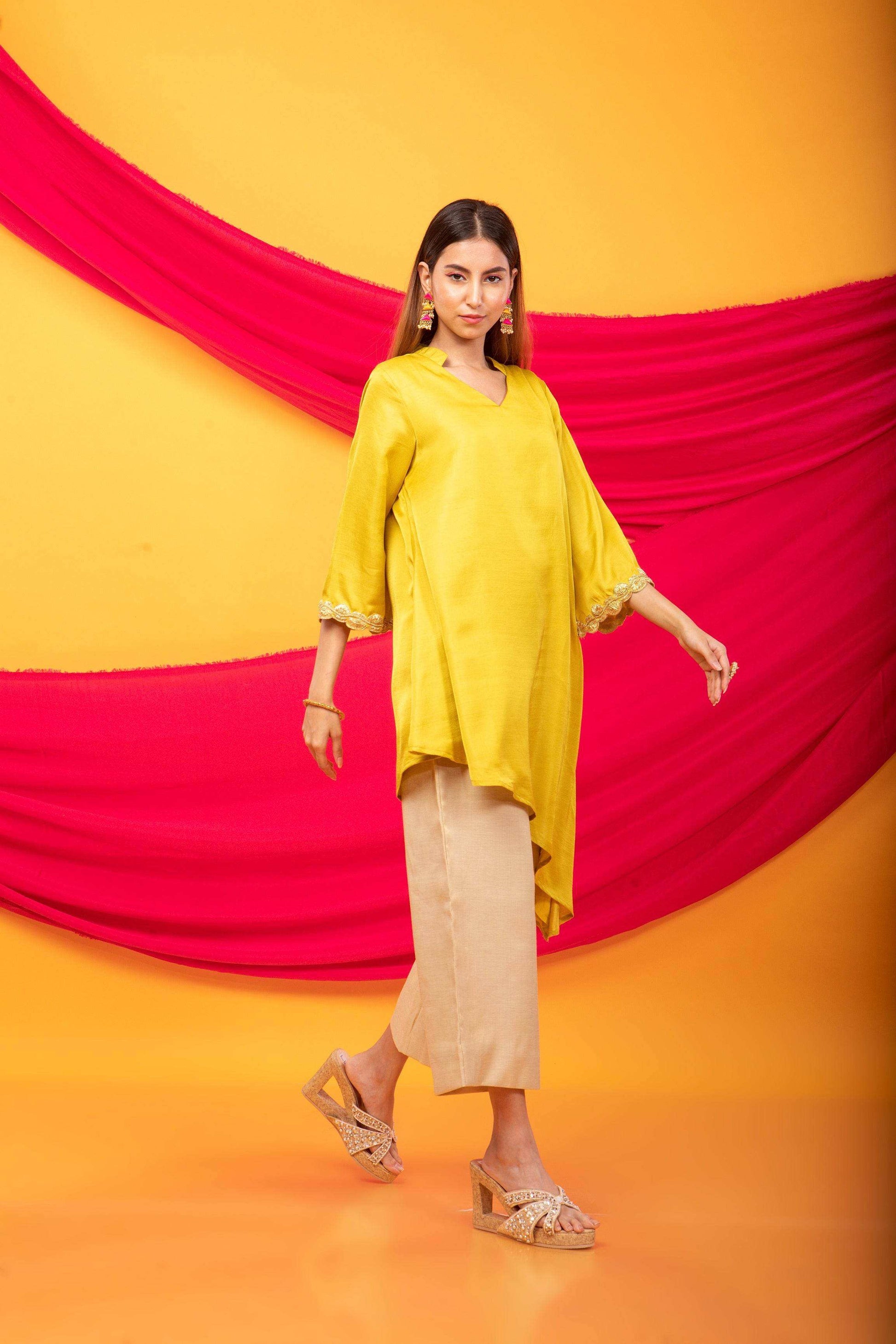 Nusrat Assymetrical Kurta and Pant Co-ord Set-Canary Yellow and gold - Monk & Mei